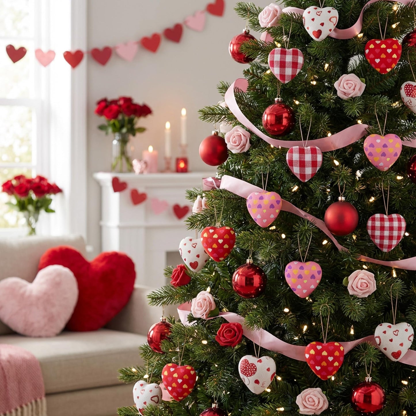 EBaokuup 30 Pcs Valentines Fabric Heart Ornament for Hanging-6 Styles Red Pink Buffalo Plaid Check-Heart-Shaped Hanging Decoration for Valentine's Day Home Decor Wedding Party DIY Crafts