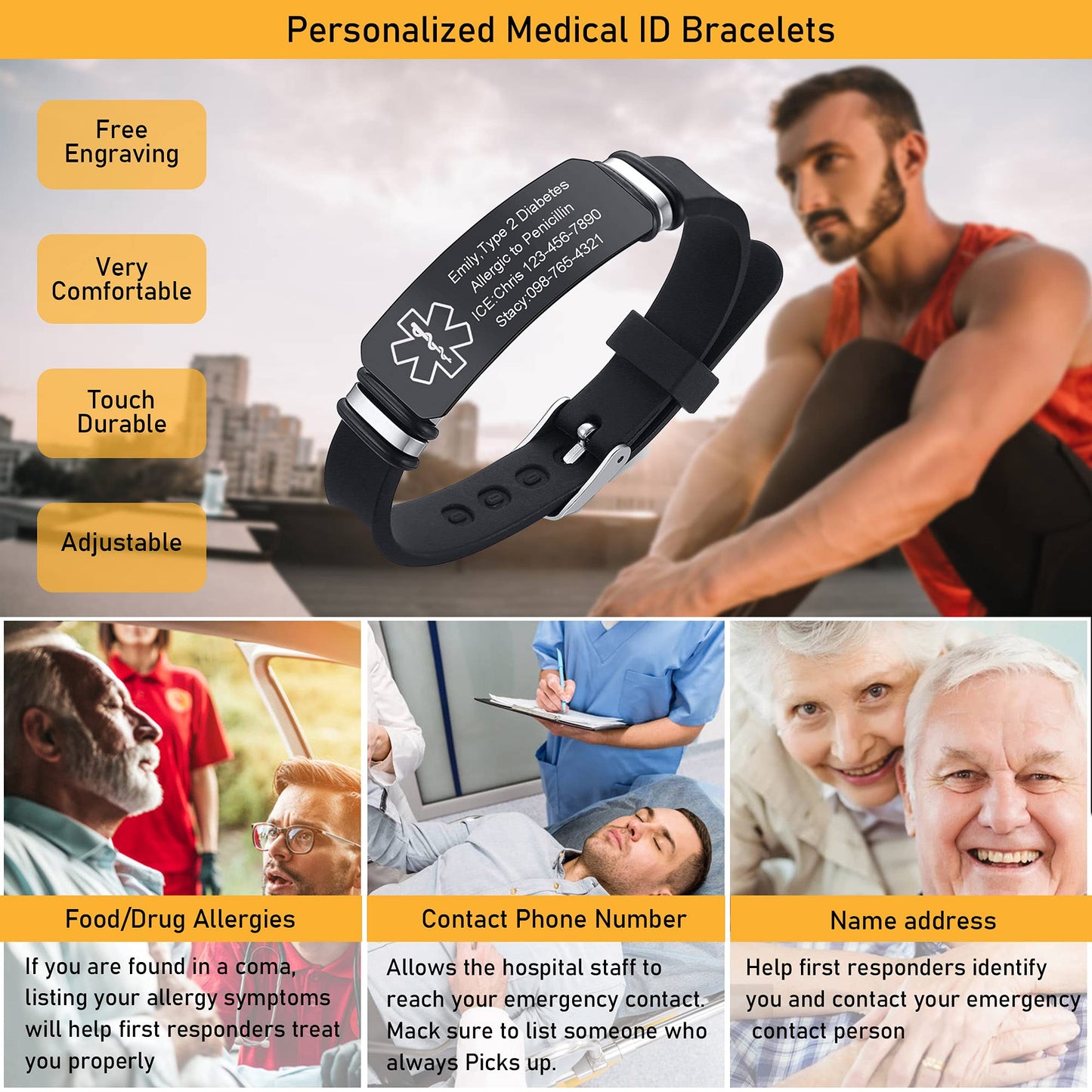 VNOX Black Medical Alert Bracelets for Men & Women with Adjustable Sport Silicone Medical ID Bracelets Wristband