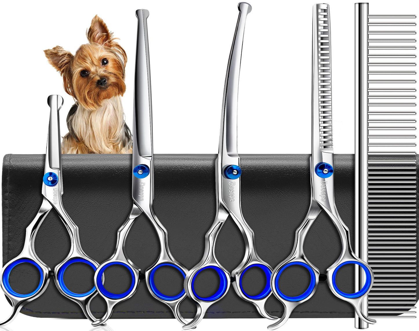 Doscpe 6 in 1 Professional Dog Grooming Scissors Set Pet Hair Cutting Shears Kit, Stainless Steel with Safe Rounded Tips for Dog Cat Other Animals, Right Left Handed