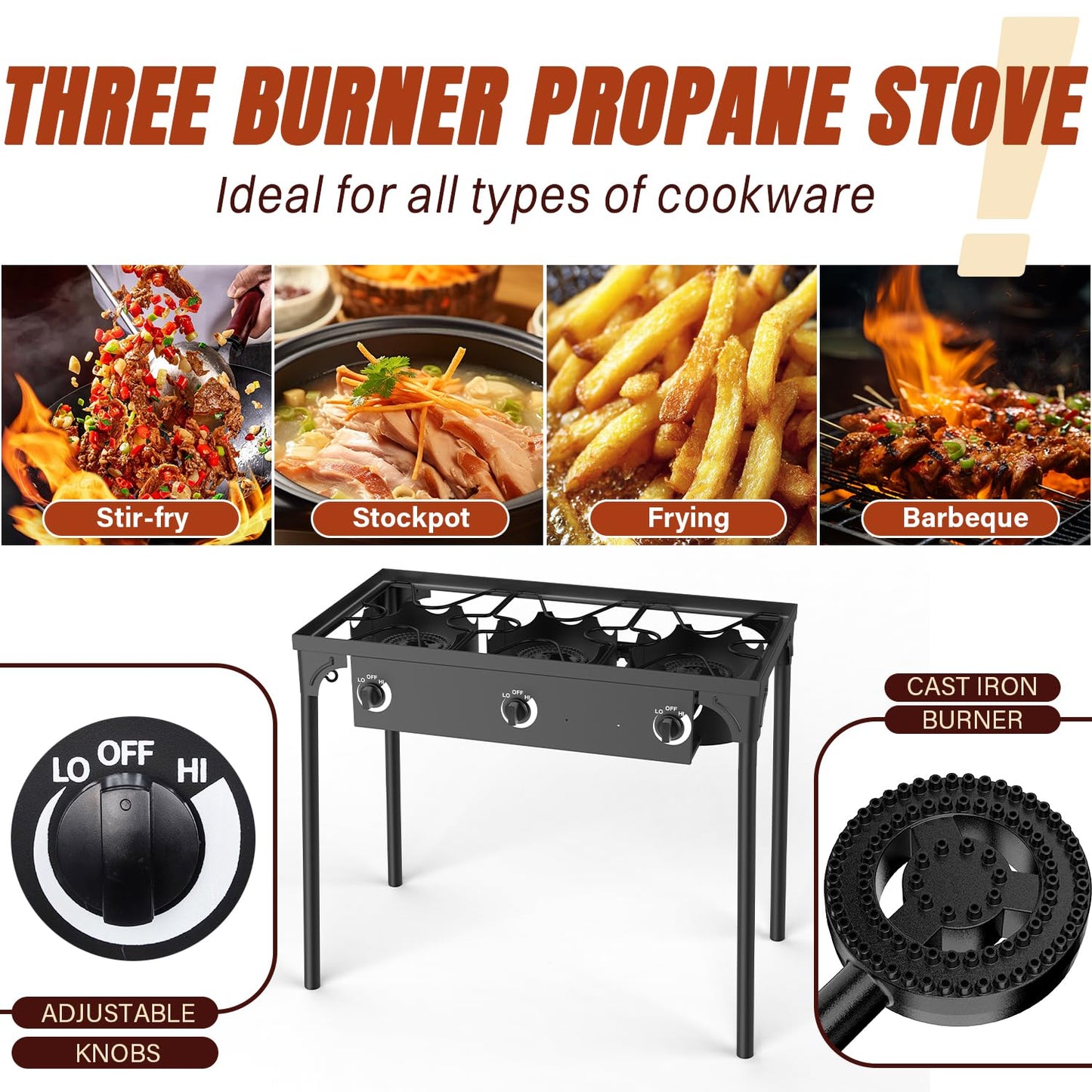 3 Burner Propane Gas Stove with Dustproof Cover & 20PSIG Regulator, Camp Stoves, 225,000 BTU High Pressure Burner for for Backyard Cooking Camping Home Brewing