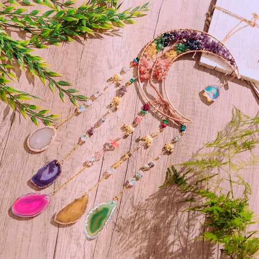 7 Chakra Crystal Wind Chimes, Moon Shaped Dream Catcher, Sun Catchers, Healing Crystal Decor, Reiki, Feng Shui Metal Art Wall Decor for Room, Bedroom, Home, Unique Gifts for Women for Good Luck