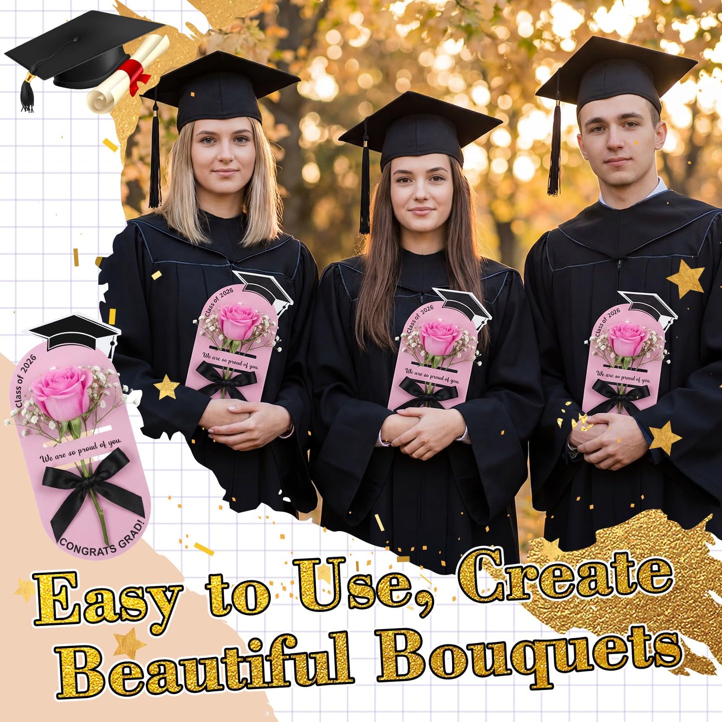 Sabary 24 Pcs Graduation Single Flower Card Sleeve Class of 2026 Fake Rose Sunflower Single Bouquet Flower Holder Wrapping Portable with Ribbon Grad Gift Packaging for College Grad High School(Pink)