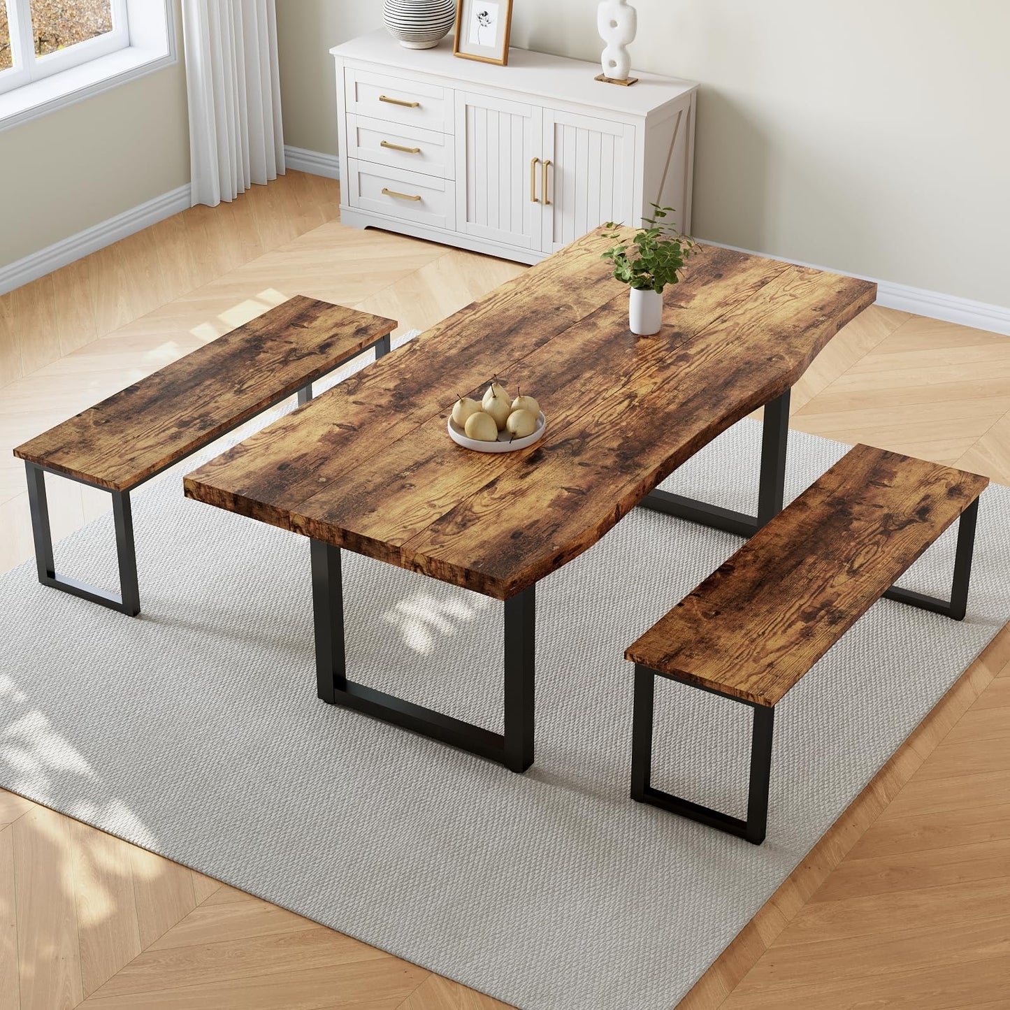 HIPIHOM 63" Dining Table with 2 Benches, Modern Kitchen Table and Chairs Set for 4 to 6 Persons, Thickened MDF Wooden Table for Dining Room, Kitchen