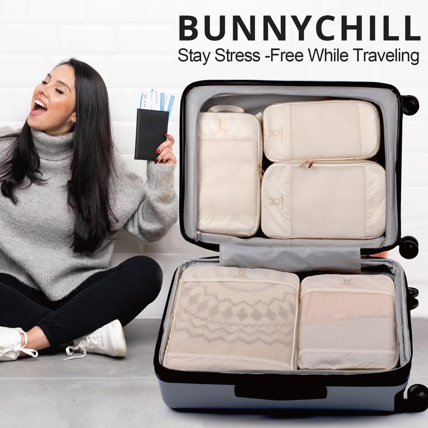 6 Set Compression Packing Cubes for Travel, Bunnychill Portable Zipper Packing Cube for Cloting, Expandable Space Saver Storage Luggage Organizer Bags for Suitcases(Beige)