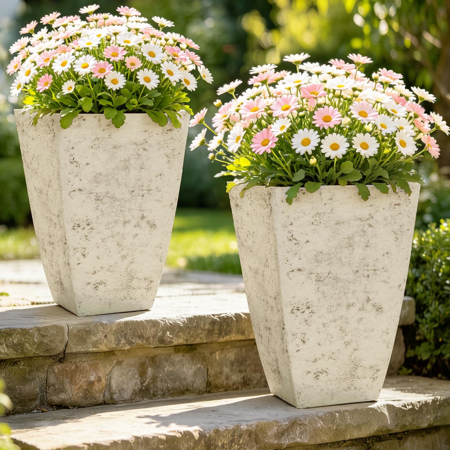 Ultym 19" H Country White Square Planters for Outdoor Plants, Set of 2 Large Flower Pot with Drainage Hole, Weather-Resistant for Porch,Garden, Patio or Indoor Use