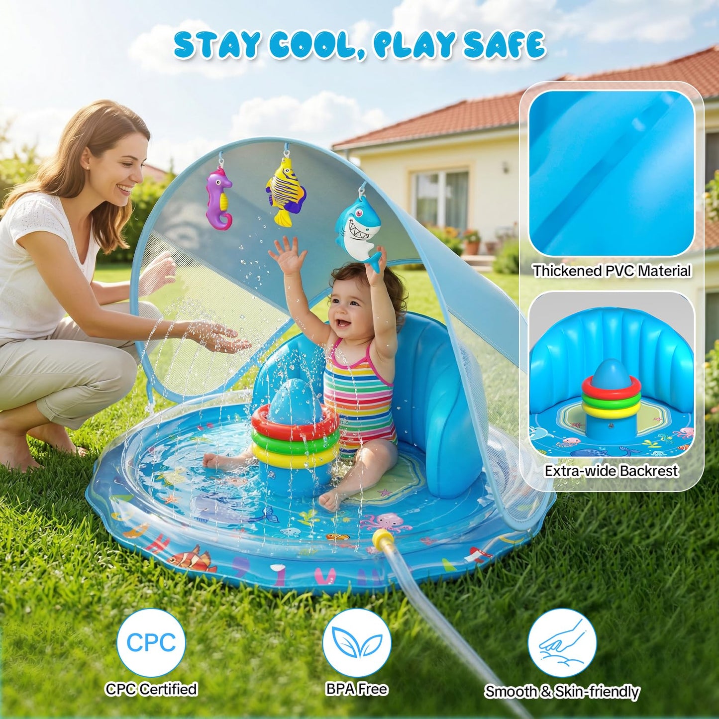 Qmioti Baby Splash Pad with Canopy, Inflatable Baby Pool with Sprinkler, Stackable Rings & Hanging Toys, Water Sprinkler for Kids, Summer Outdoor Water Play Toys for Baby Toddlers