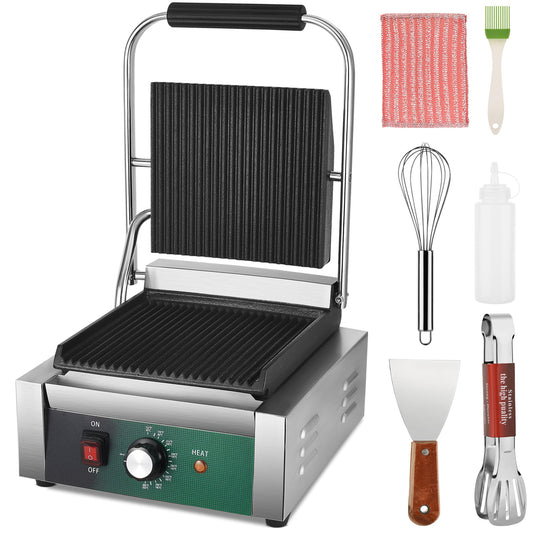 Commercial Panini Press, 2200W Panini Grill Press Sandwich Maker with Non-Stick Grooved Plates and Adjustable Temperature Control, Double-sided Heating Electric Griddle
