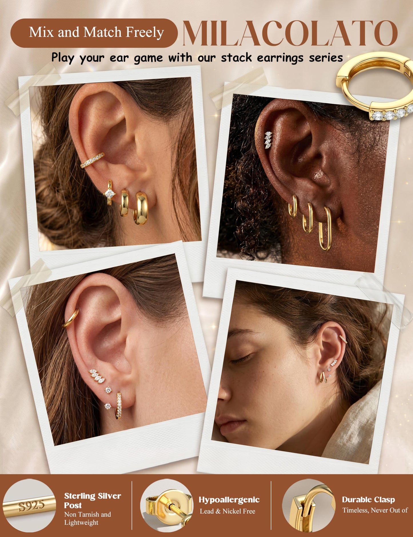 MILACOLATO 925 Sterling Silver Earrings for Women, 14K Gold Plated Small Huggie Hoop Earrings Sets for Multiple Piercing Hypoallergenic Jewelry, CZ Cartilage Earrings Stacks Trendy Jewelry Gifts, 3 Pairs-E