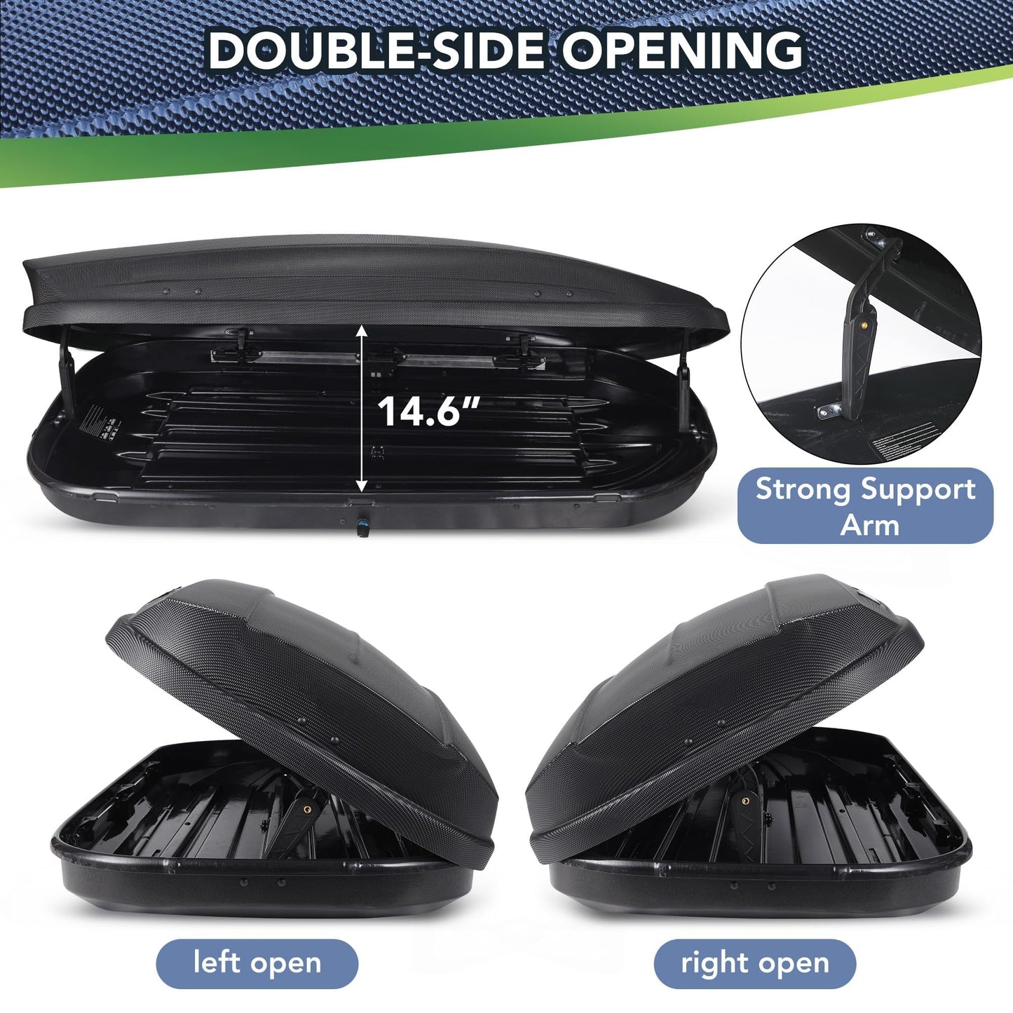 Rooftop Cargo Carrier Hard Shell, 14 Cu Ft Roof Cargo Box, Car Top Carrier for Roof Rack, 165 lbs Capacity, Weather-Resistant Storage, Dual-Side Access, Secure Straps & Keys