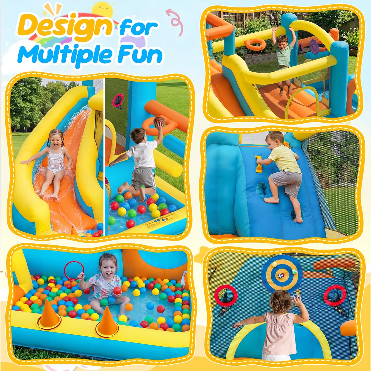 Inflatable Bounce House for Kids Inflatable Water Park with 550W Blower, Ball Shooting, Climbing Wall, Jumping, Kids Bouncy Castle for Outdoor Indoor Backyard Water Slide Summer Party 12 * 9.7 * 7FT