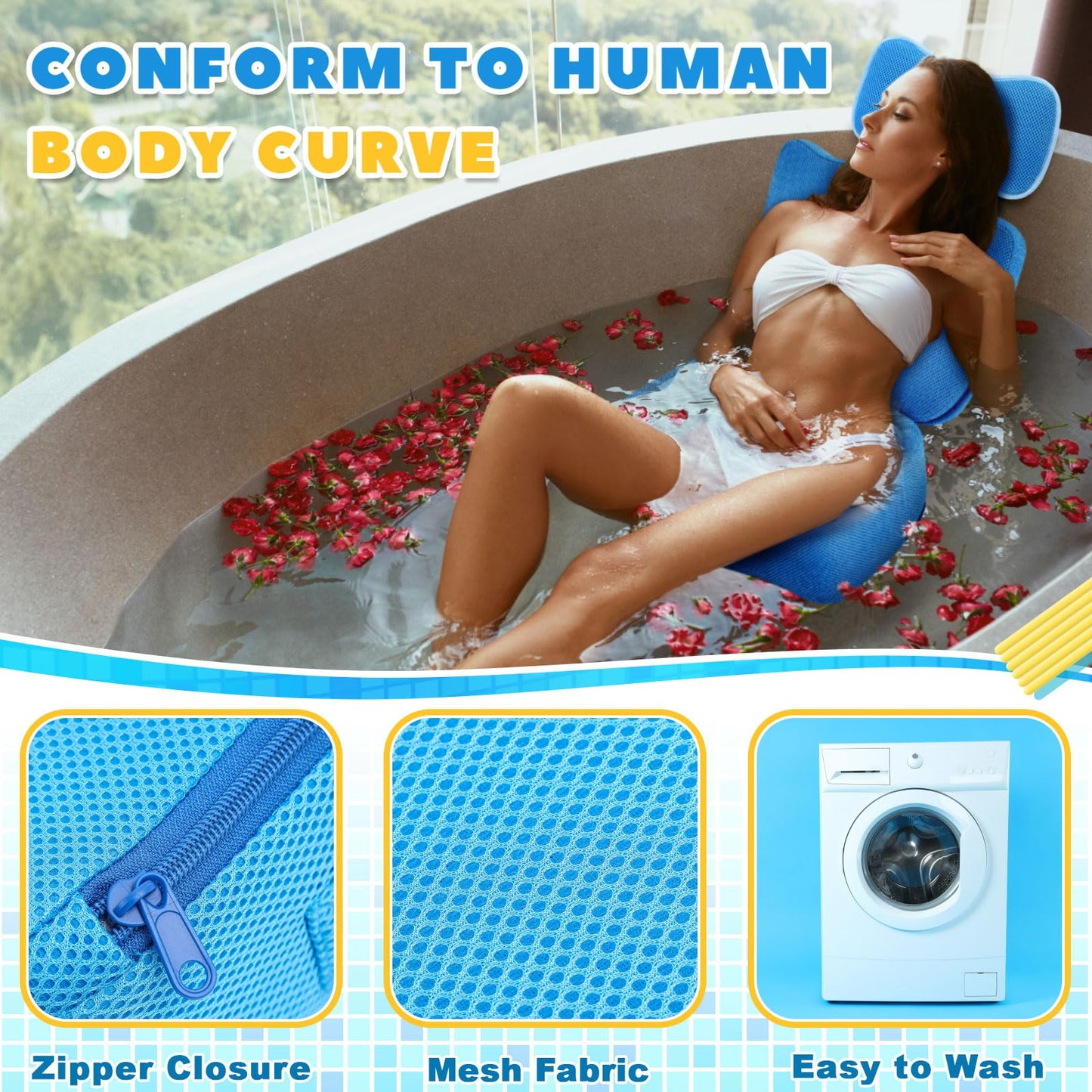 Yerliker 2 Pcs Foldable Hot Tub Booster Seat with Bath Pillow, Inflatable Adjustable Height Spa Cushion with Suction Cups, Weighted Marbles, Extra Thick Bathtub Seat with Back Support