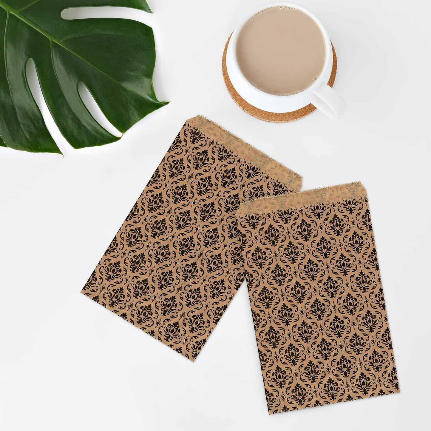 RJ Displays- 100 Pcs Brown Damask Paper Gift Shopping Bags, Sales Tote Bag for Jewelry, Bakery Items, Gift Cards, books, T-Shirt, Crafts and Party Favorss. Size-5" x 7" Inch