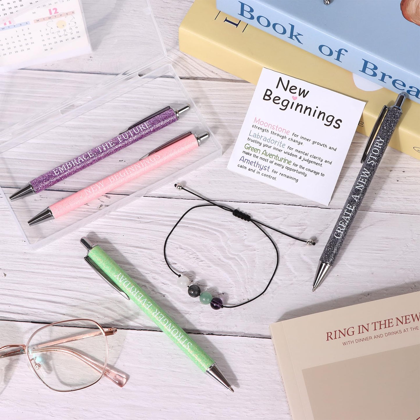 Set of 7 Going Away Gifts for Coworkers Women New Beginning Gift 4 Fancy Inspirational Ballpoint Pen and Crystal Bracelet with Card Goodbye Farewell Encouragement Leaving Job Office Present
