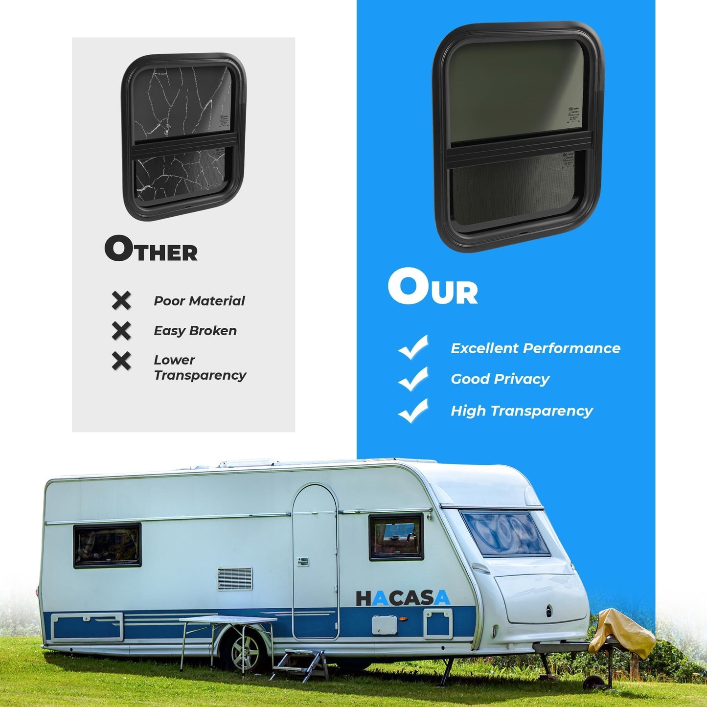 HECASA RV Sliding Window 17.5" X 15.5" w/Mesh Screen & Trim Ring For Vertical Trailers, Motor Homes, Engineering Vehicles Side Window Replacement Tempered Glass Aluminium Black 2Pcs