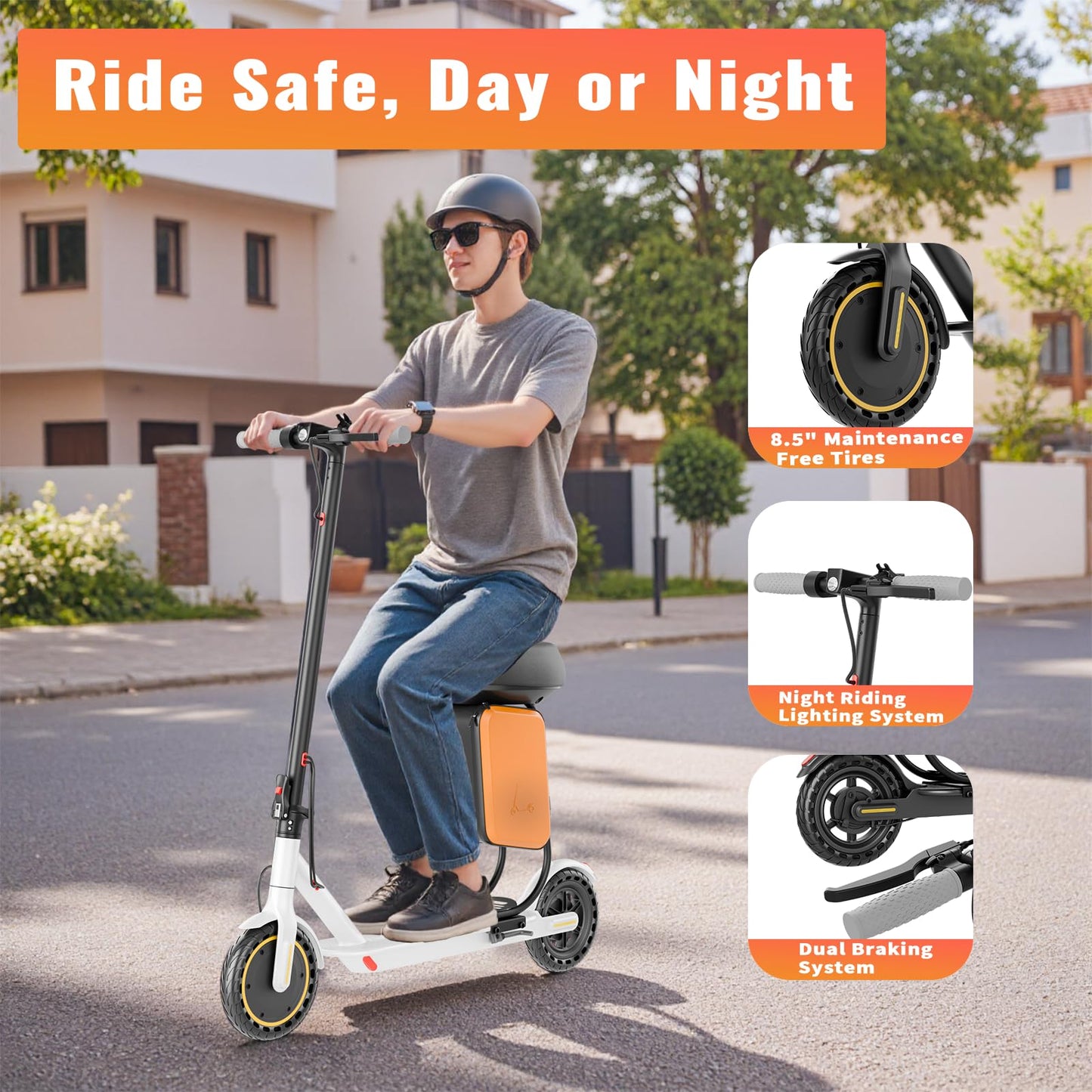 Qlaway 8.5" E Scooter for Adults with Luggage Seat 19 MPH Sport Escooter 350W Motor, Electric Scooter Up to 22 Miles Range, Bearing 265 LBS/APP Control-White