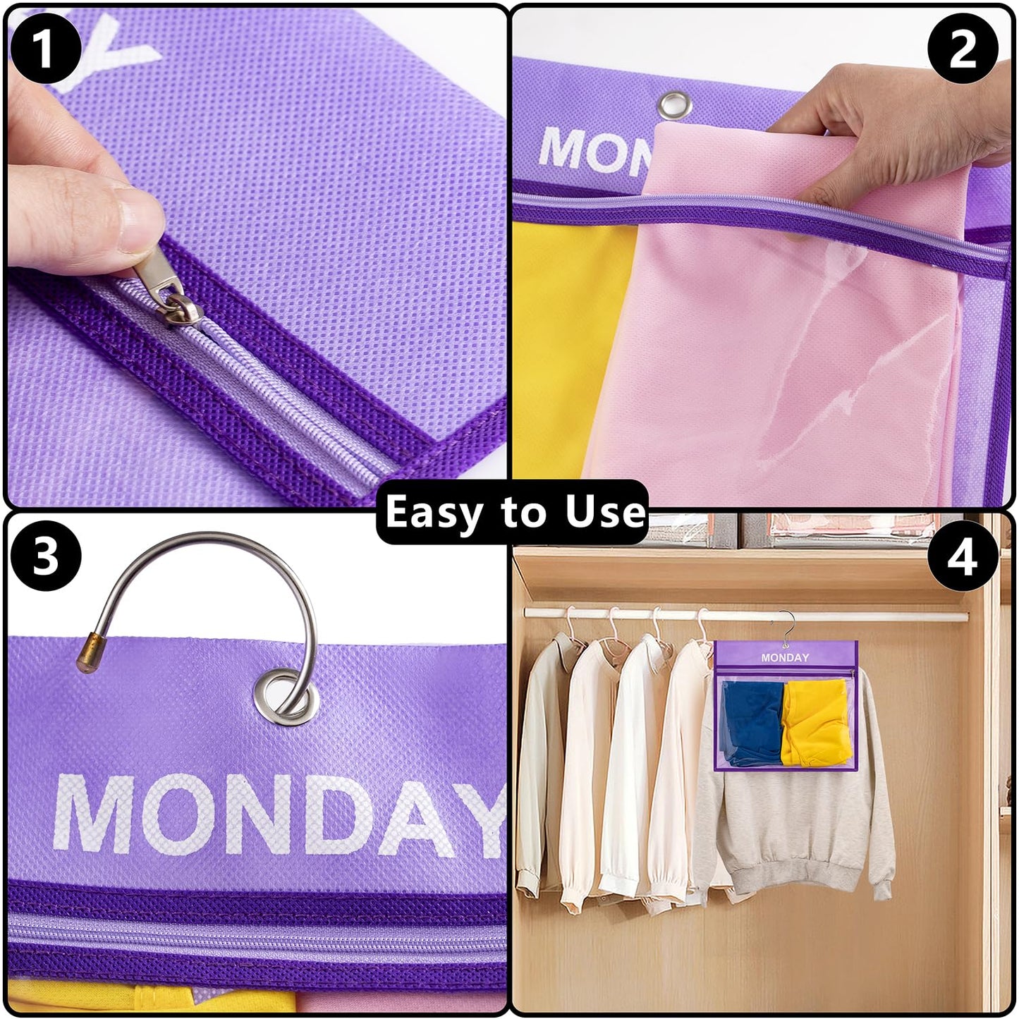 TEMUORG 7 Pcs Weekly Travel Organizer Pouches Day of Week Clothing Packing Cubes Monday to Sunday School Clothes Organizer for Kids (Purple)