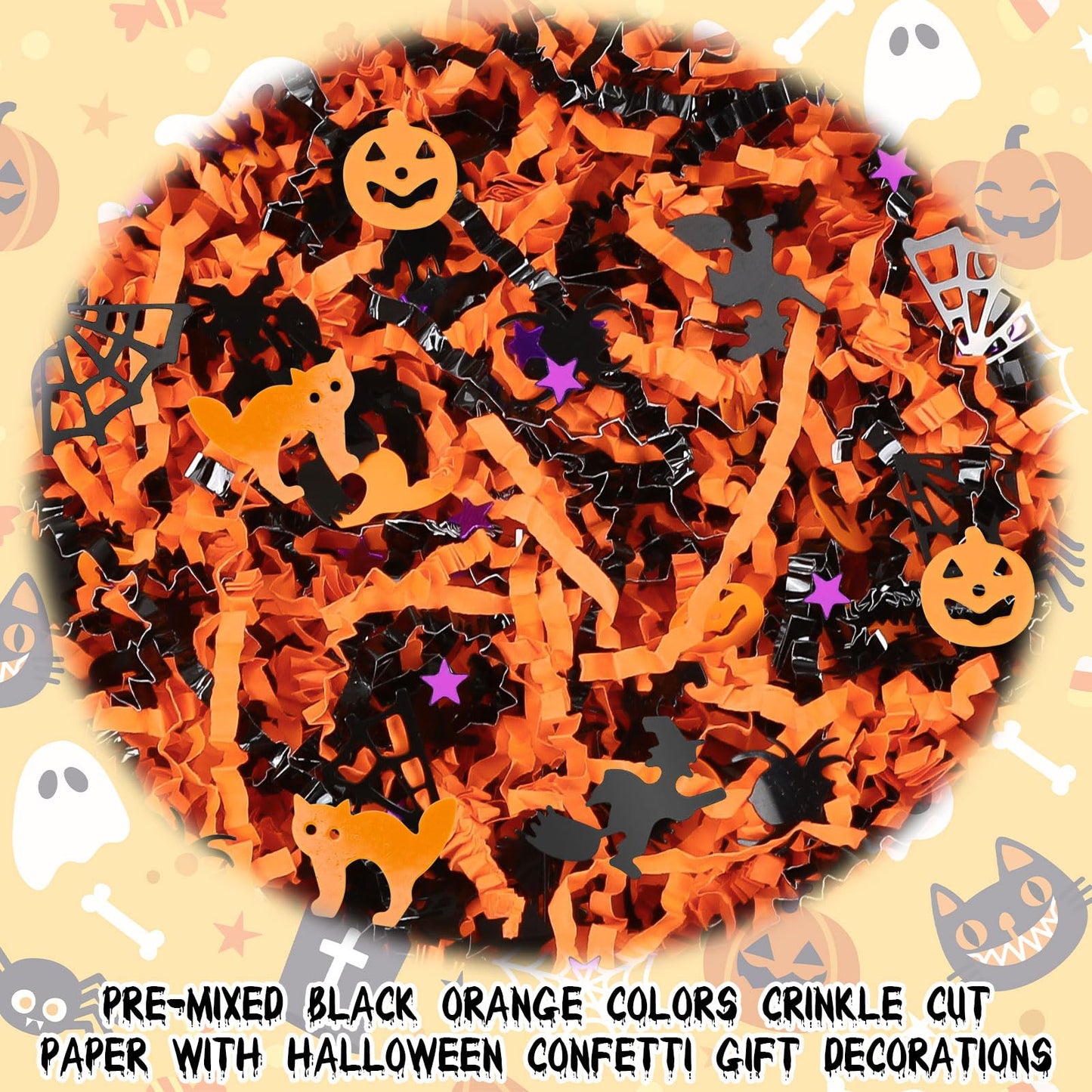 Jansun Halloween Black Orange Crinkle Cut Paper, 453g/16oz Shred Filler with Pumpkin Spider Bat Witch Confetti for Gift Wrapping Craft DIY Basket Filling Trick or Treat Candy Decorations