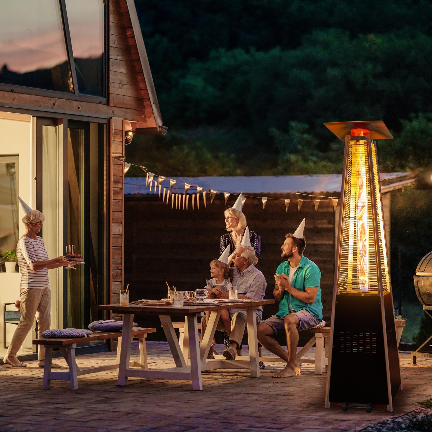 PATIOPIA 48,000 BTU Flame Pyramid Pool Heater With Cover, Triple Safety Protection Portable Patio Heater with Patio Cover, Warm Glass Tube with Durable Wheels-Black