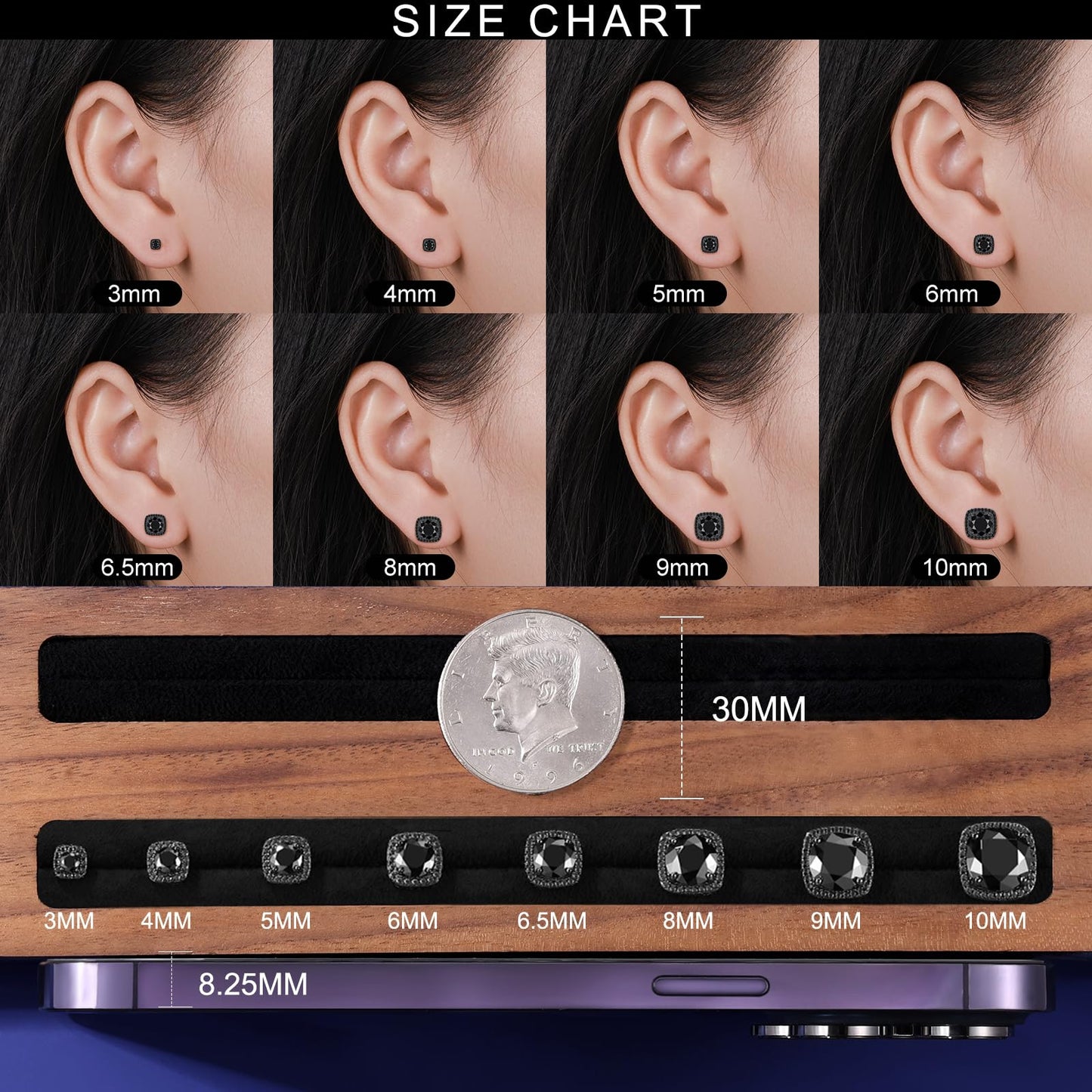 Gugots Moissanite Halo Square Stud Earrings Screw Back 925 Sterling Silver Lab Brilliant D Color VVS1 Clarity Hypoallergenic Earrings for Women Men Black 0.8CT 6MM*2