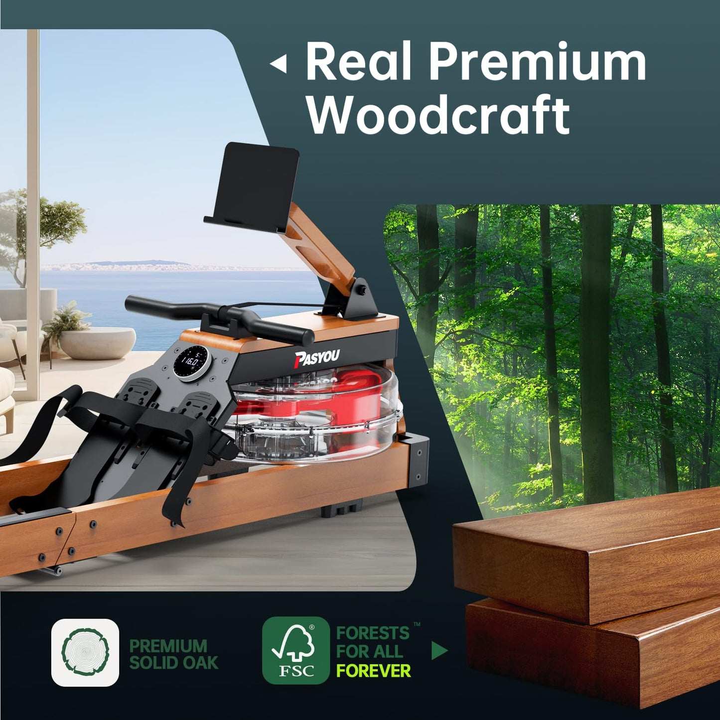 PASYOU Water Rowing Machines for Home Oak Wood Foldable Rower Machine 350LB Weight Capacity, 6 Levels Adjustable Row Machines with Monitor & Tablet Holder & 14L Tank, Bluetooth with Kinomap APP
