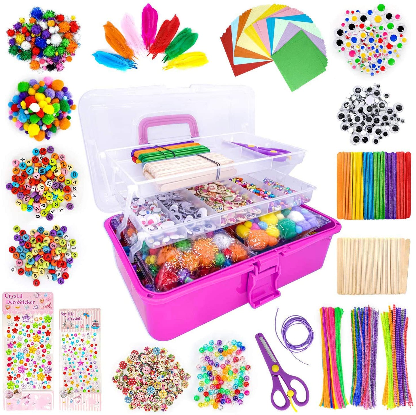 kortes Art and Craft Supplies for Kids, Toddler DIY Craft Art Supply Set Included Pipe Cleaners, Pom Poms, Feather, Folding Storage Box - All in One for Craft DIY Art Supplies, Rose Red