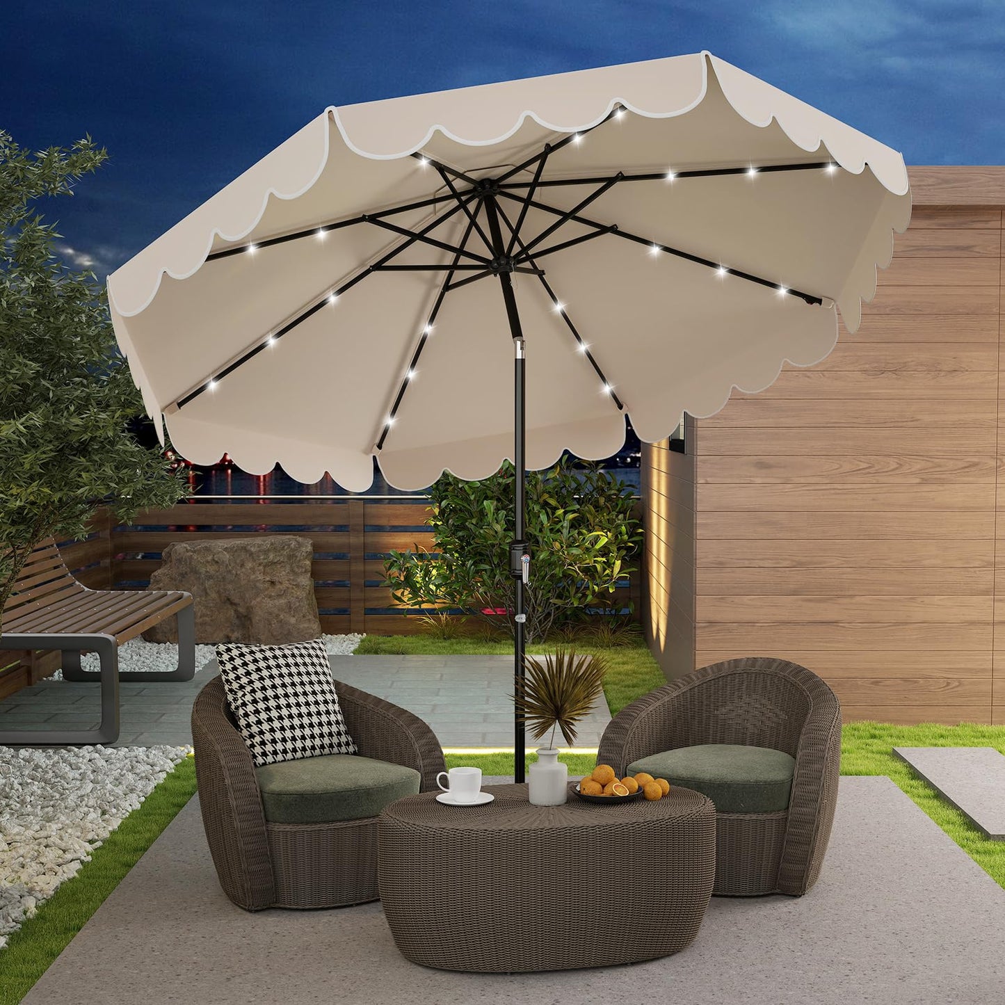 Tangkula 9 FT Solar Patio Umbrella, 2-Tiers Scalloped Outdoor Table Market Umbrella with 32 LED Lights, Vented Top, Tilt Adjustment, Crank, 8 Ribs for Backyard Poolside Deck Beach Lawn (Beige)
