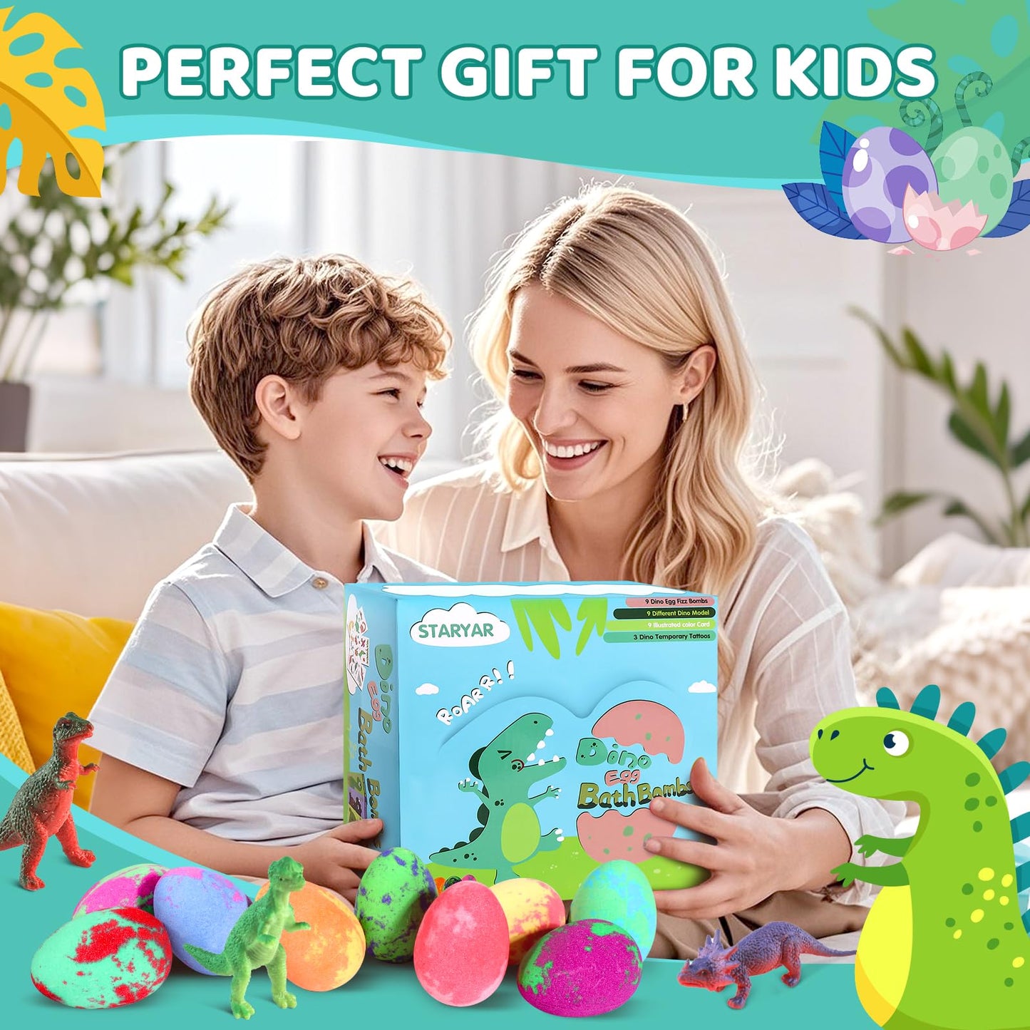 Bath Bombs for Kids with Surprise Toys Inside - 9 Pack Dinosaur Bath Bombs Gift Set, Dinosaur Toys for Kids 3 4 5 6 7 8 9 Years, Birthday Gifts for Kids, Bubble Bath Fizzes Bath Toy
