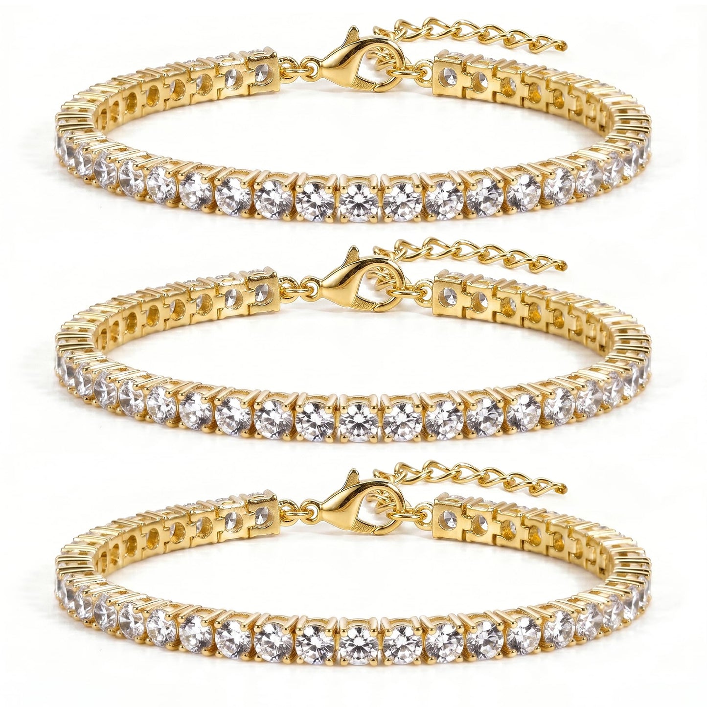 Chunky 4mm Gold Tennis Bracelet Set for Women, 14K Gold Plated Triple Stackable Large Zirconia Bracelets, Bold Statement Jewelry, 3-Piece Heavy-Shine Link Set, Y2K Fashion Accessory