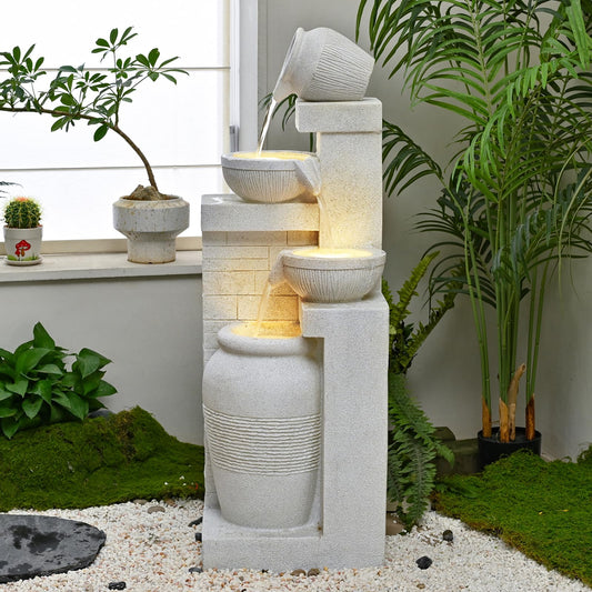 42.52" Outdoor Garden Water Fountain with Lights 4 Tiers Cascading Large Waterfall Floor Standing Fountain for Patio, Backyard, Deck, Porch and Home Art Decor