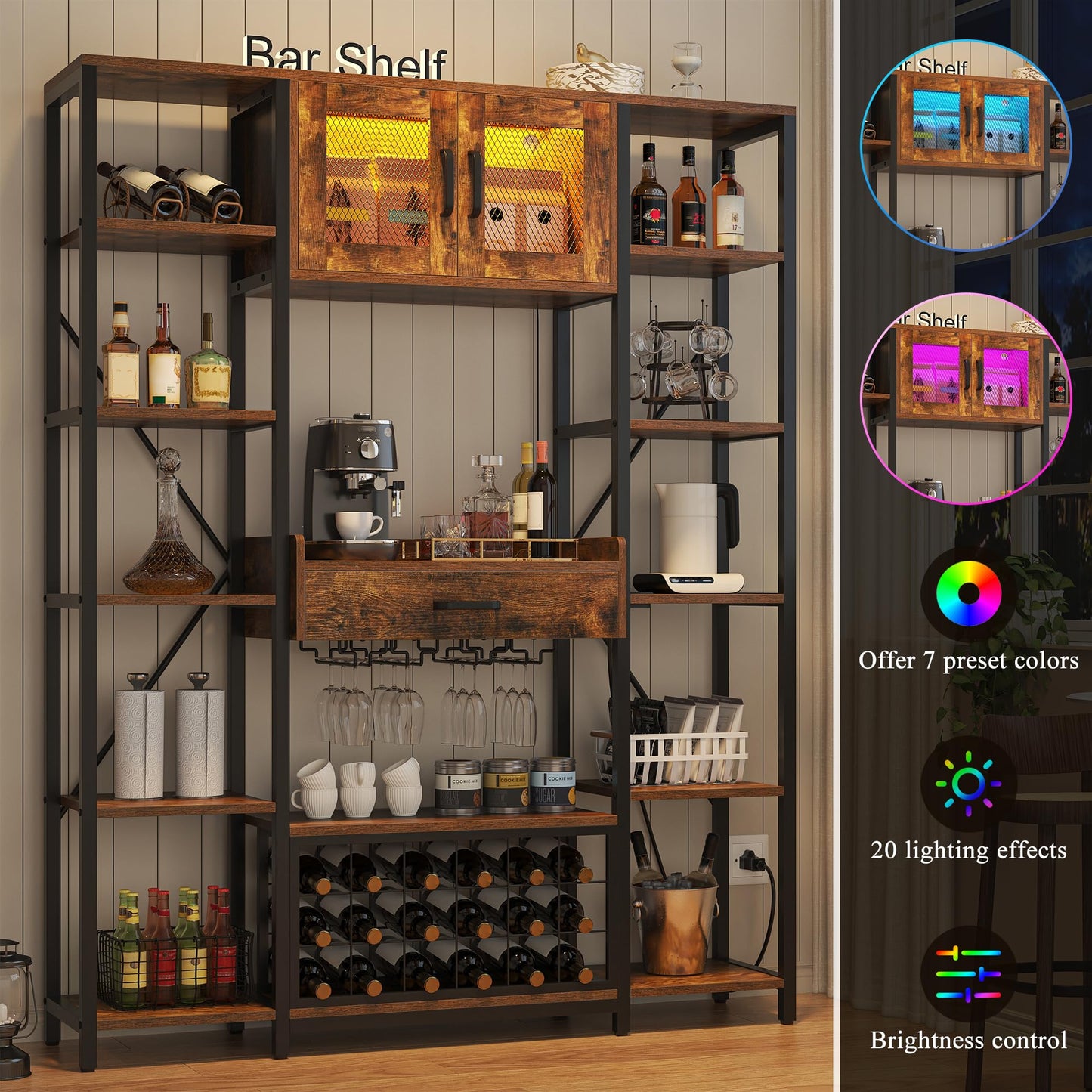 Semoic Wine Bar Cabinet with LED Lights, 65.35'' Tall Industry Coffee Bar Cabinet with Drawer and Power Outlets, Kitchen Microwave Stand Bakers Rack Cabinet for Liquor and Goblet, Black (Brown)