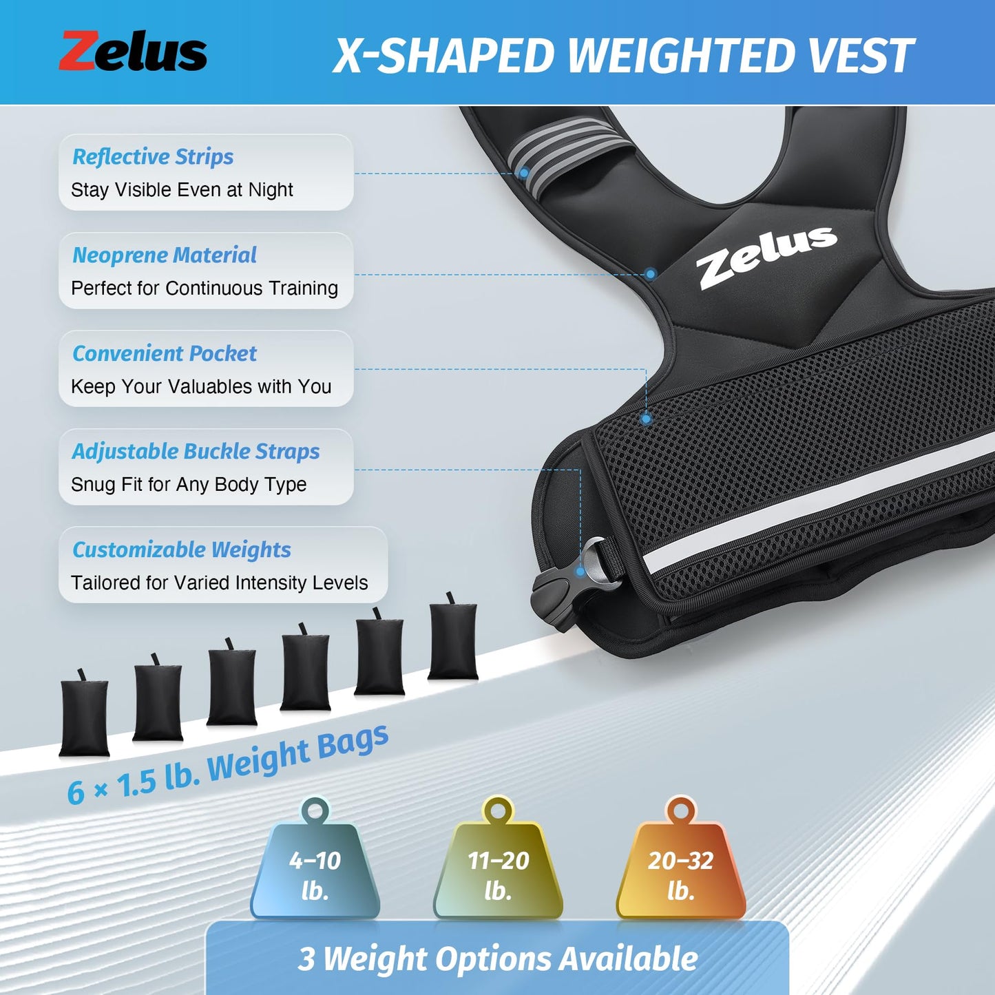 ZELUS Weighted Vest for Men and Women | 4-10lb/11-20lb/20-32lb Vest with 6 Ironsand Weights for Home Workouts | Adjustable Body Weight Vest Exercise Set for Cardio and Strength Training (11-20 lb.)