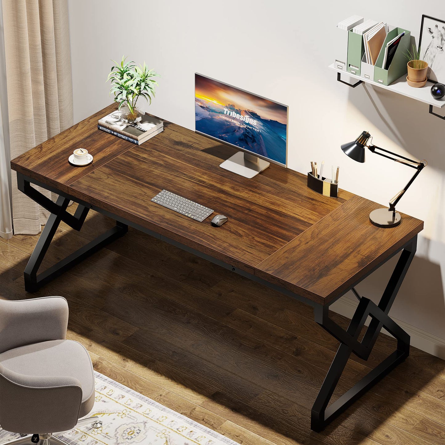 Tribesigns 63-inch Executive Desk, Large Office Computer Desk with Extra Thick Wooden Tabletop and Metal Frame, Modern Simple Workstation Writing Table Study Desk for Home Office, Vintage Brown