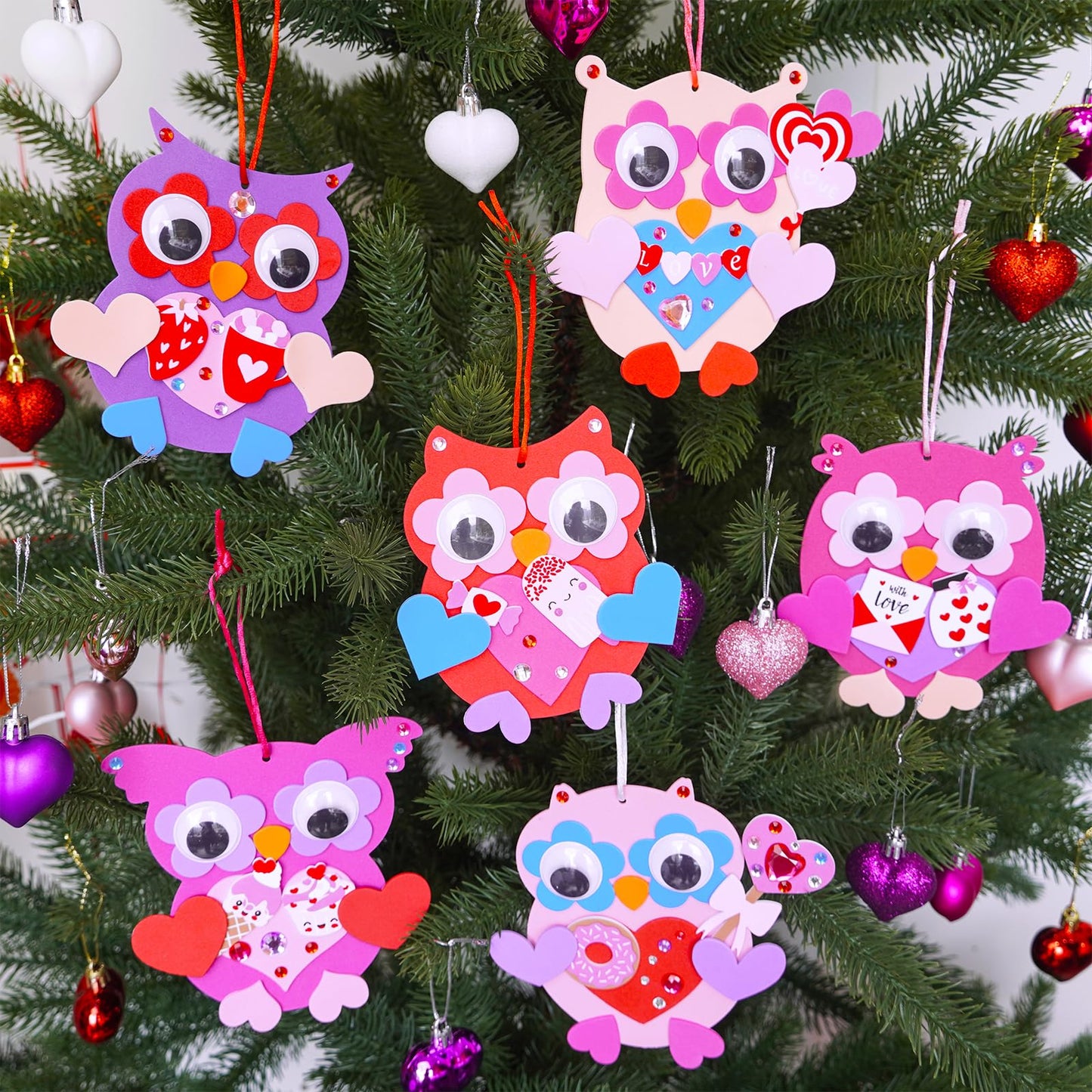 Winlyn 24 Sets Valentine's Day Craft Kits Heart Crafts DIY Owl Ornaments Decorations Art Sets Foam Owl Heart Stickers for Kids Party Classroom Activities Gift Exchange