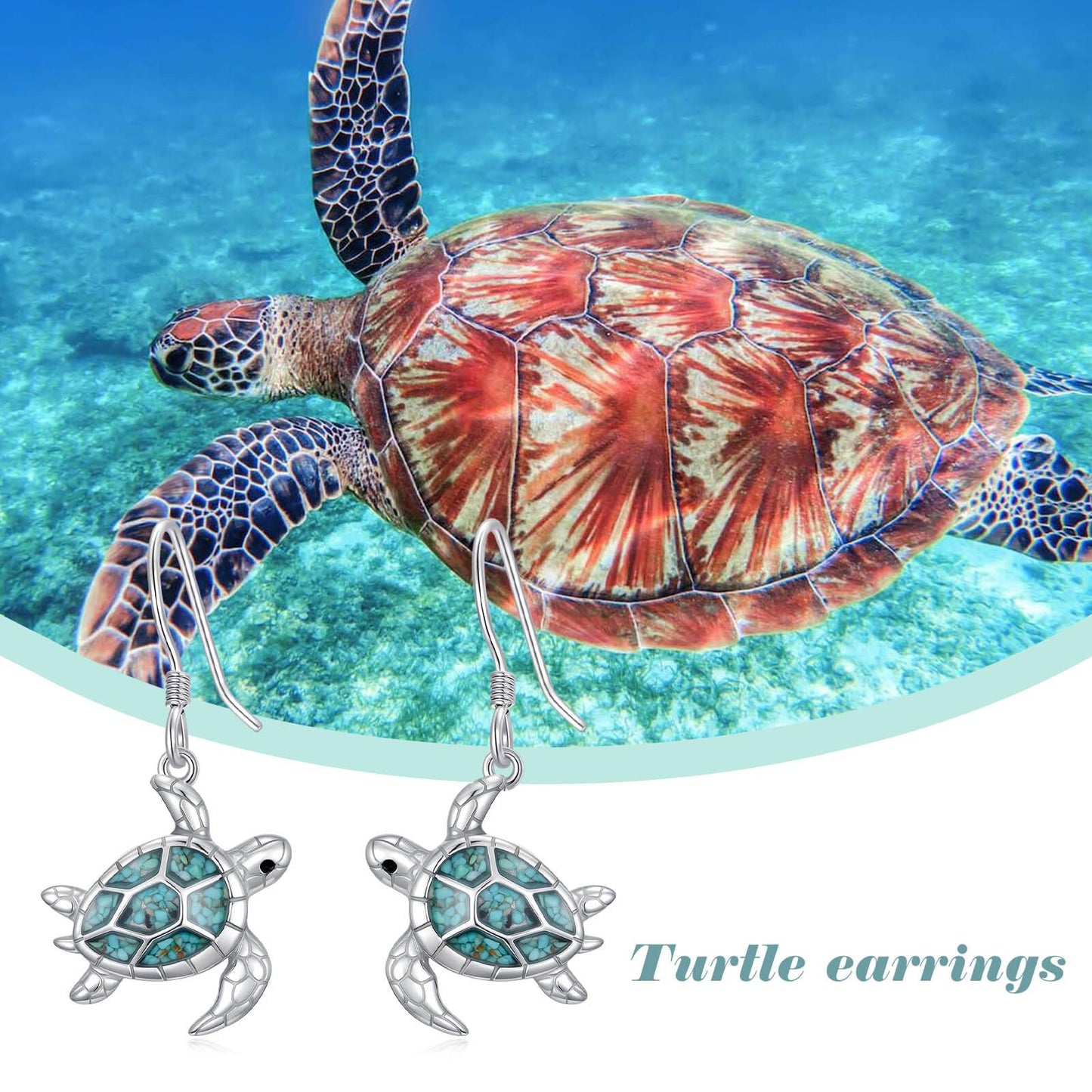 HPQQ Sea Turtle Earrings 925 Sterling Silver Turquoise Turtle Dangle Earrings Ocean Beach Themed Jewelry Mother's Day Jewelry Gifts for Women