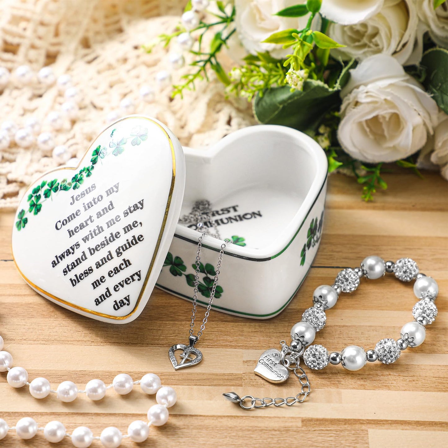 FoldTier 3 Pcs First Communion Gifts Cross Necklace First Communion Bracelet Irish Shamrock Jewelry Keepsake Box Precious Baptism Christening Gifts