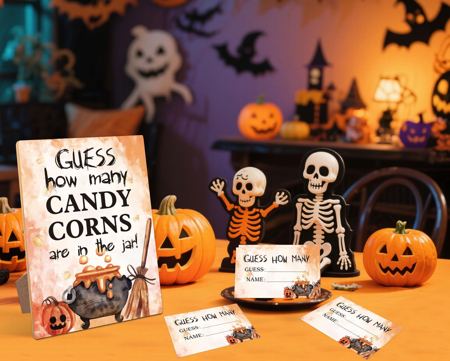 Halloween Party Game, How Many Candy Corns (1 Wooden Sign with Stand + 50 Guessing Cards), Halloween Party Favors Supplies, Family Activity - MB06