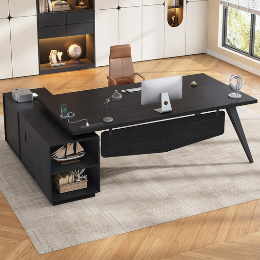 70.3 inch L Shaped Executive Desk with Power Outlets, Large Home Office Desk with Storage Drawers and File Cabinet, Modern Computer Desk with Shelves, Black Business Furniture, Square Tapered Legs