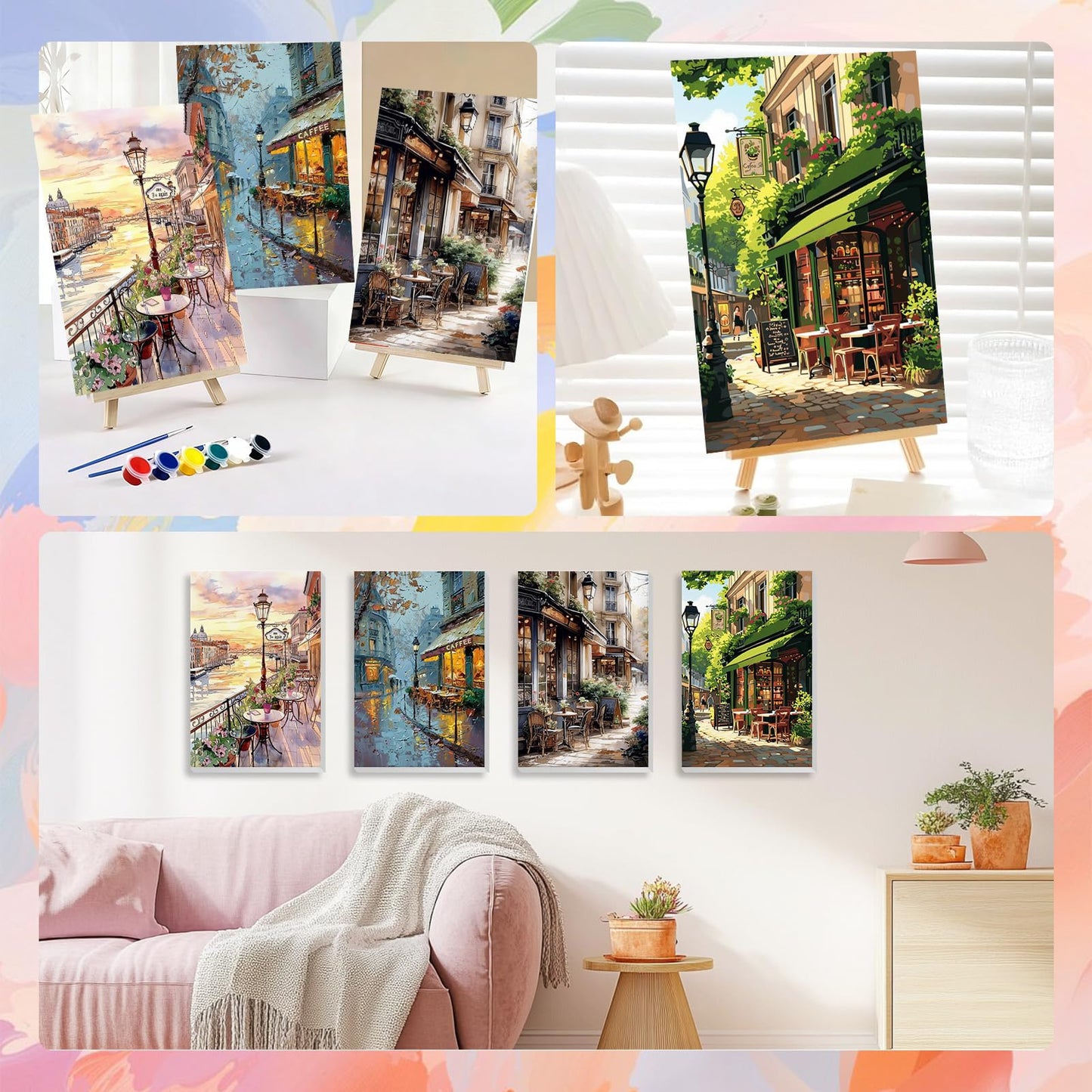 HEIBAGO 4 Pack Framed Paint by Numbers Kit for Adults Beginner, Adult Paint by Number Kits Street Cafe, DIY Paint by Numbers for Adults,Small Easy Acrylic Oil Painting for Wall Decor 8x12 Inch