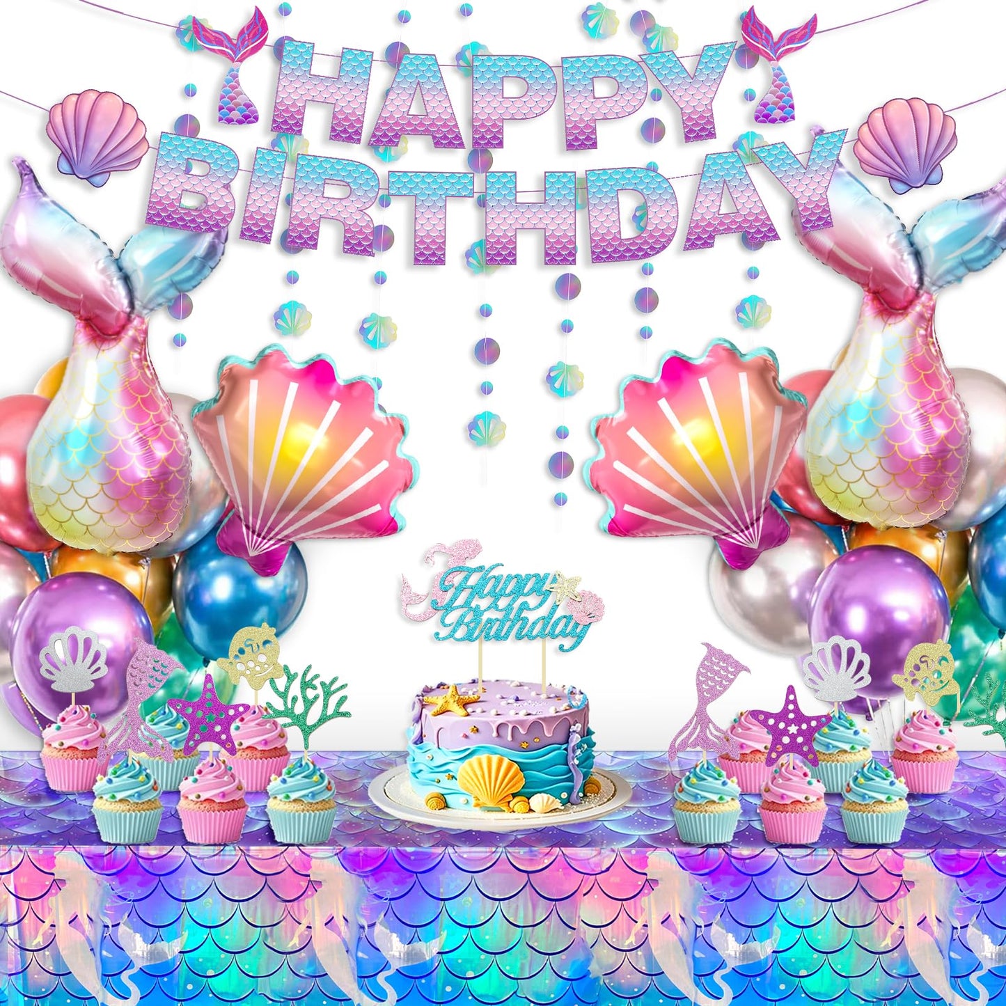 Winrayk Purple Mermaid Party Decorations Birthday Supplies for Girls, Large Foil Balloon with Birthday Banner/ Shell Garland/ Tablecloth/ Metallic Balloon/ Cake Topper, Little Mermaid Party Decoration