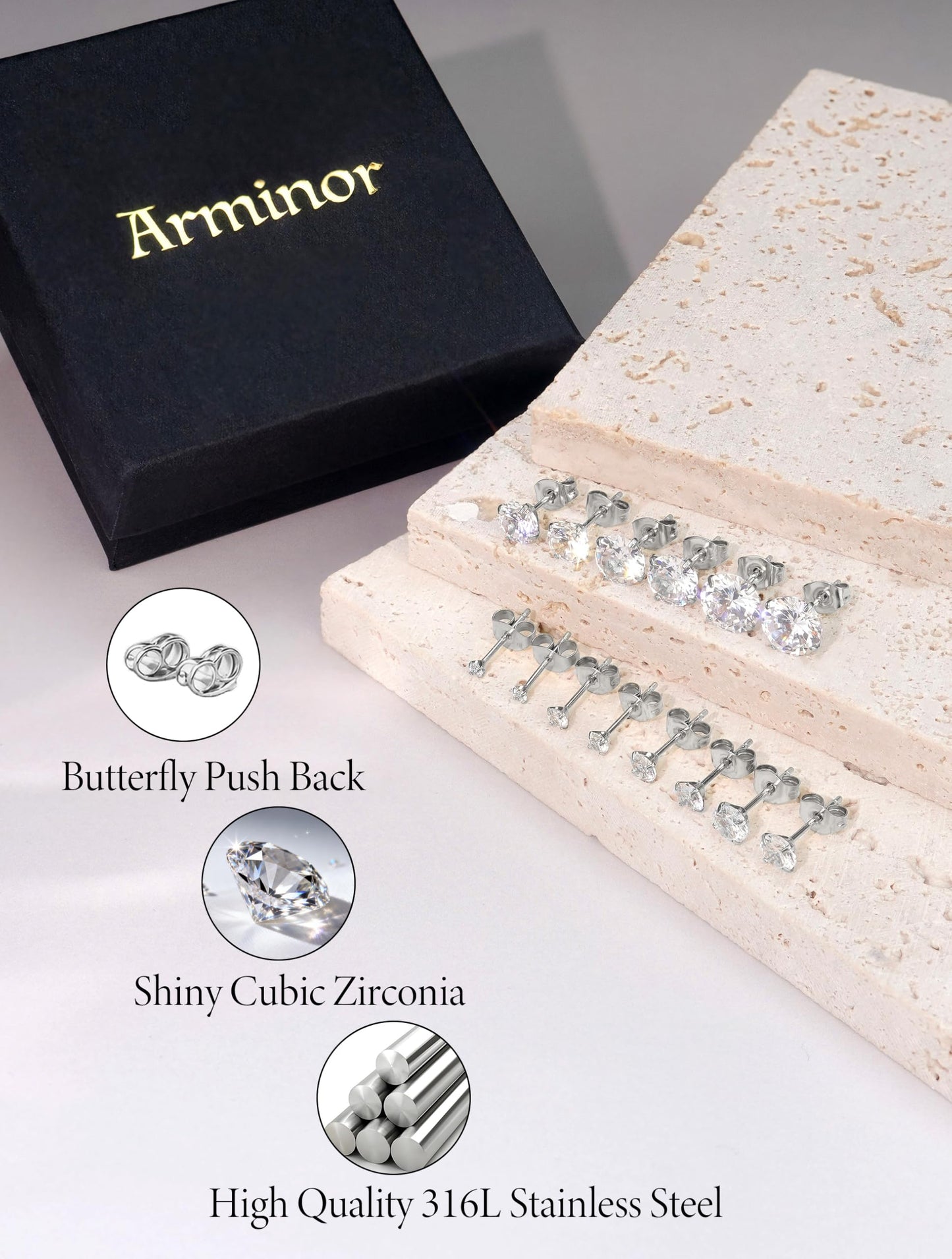 Arminor 7 Pairs 20G Stud Earrings for Women Men Hypoallergenic 316L Surgical Stainless Steel Earrings for Multiple Piercing | AAAAA+ Cubic Zirconia Earring Stacks with Butterfly & Silicone Backs