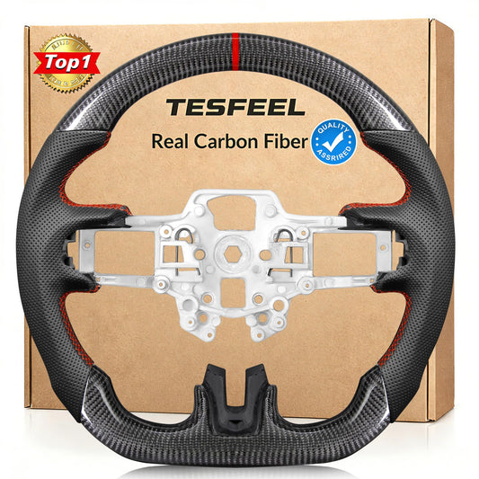 TESFEEL Real Carbon Fiber Steering Wheel for Ford Mustang 2018-2023, D-Shape Flat Bottom, Premium Nappa Leather with Red Stripe & Hand-Stitching, for EcoBoost/GT/Shelby GT350&GT350R