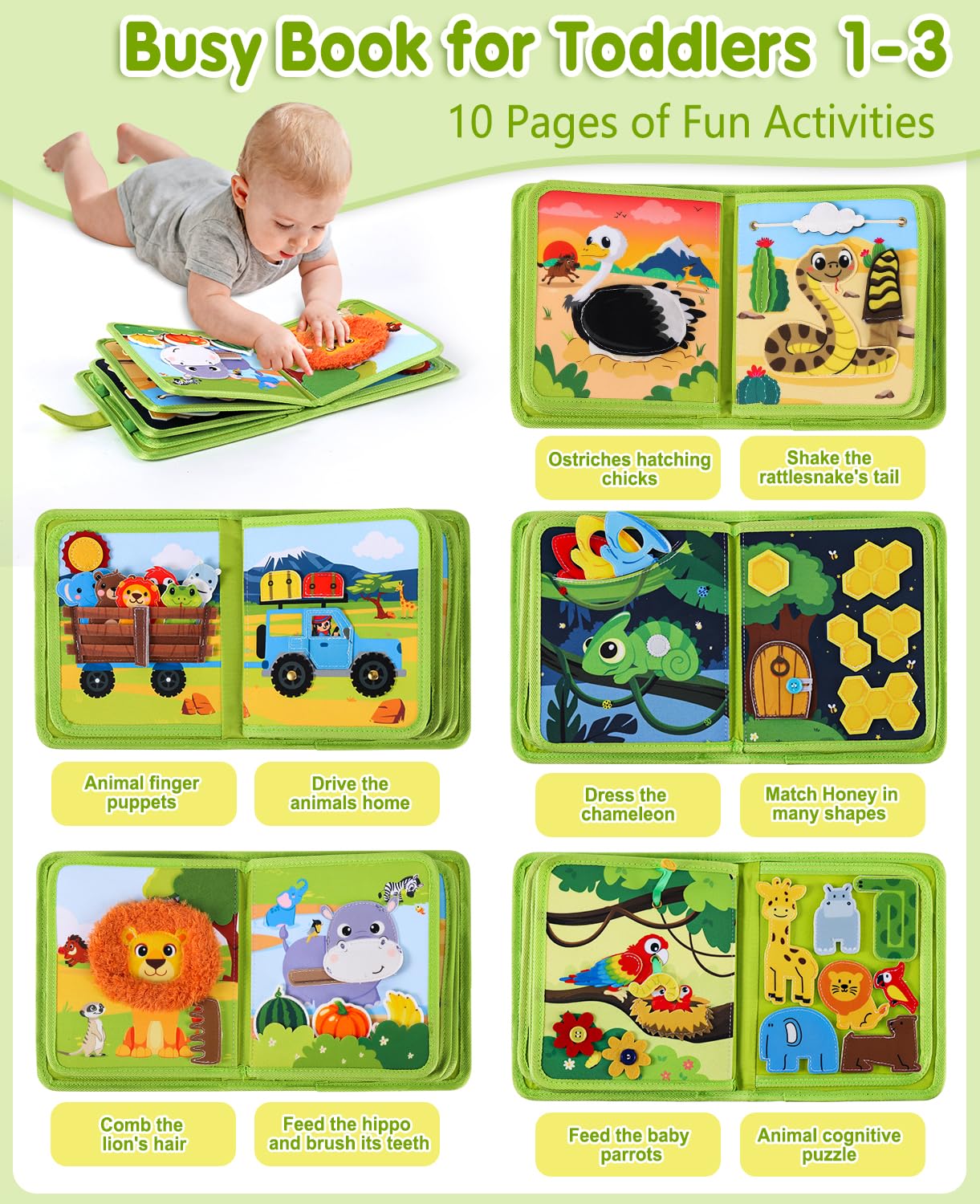 Wild-Animals Busy Book for Toddlers 1-3, Montessori Toys Busy Board for 1 2 3 Year Old Boy Girl Gifts, Toddler Learning Quiet Activity Book, Educational Airplane One Year Travel Toy
