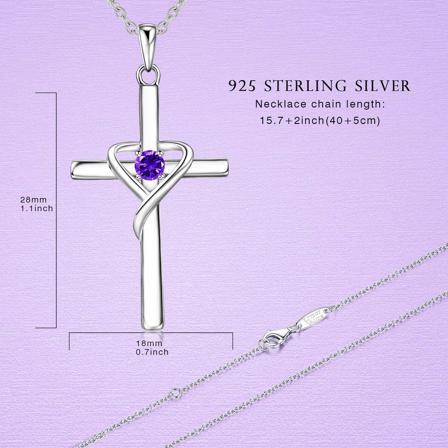 AmorAime 925 Sterling Silver Cross Necklace for Women Men 14K Gold Plated 5A CZ Birthstone Necklaces for Holiday (B.Purple-February-Amethyst)
