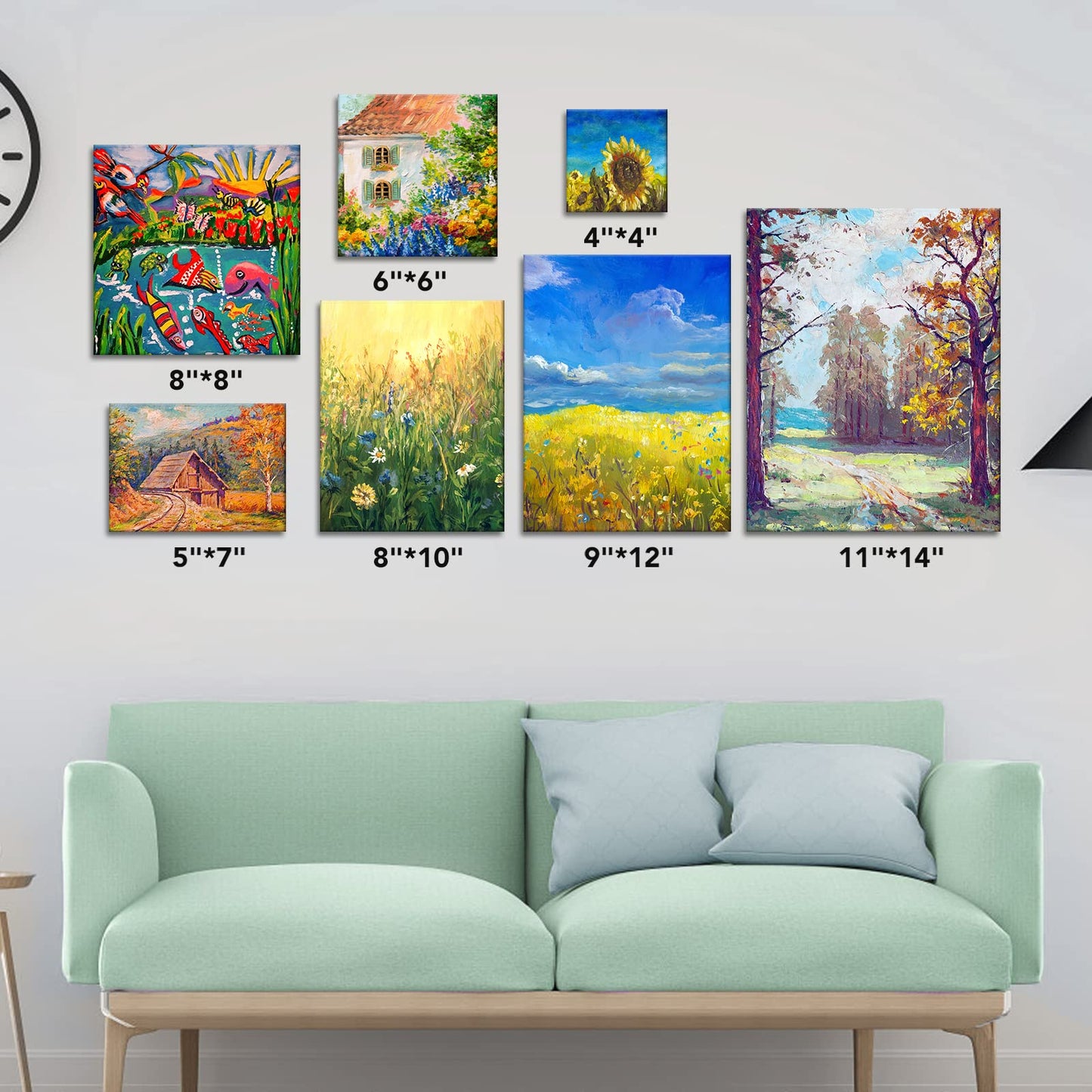 ESRICH Canvases for Painting, 36 Pack Canvas Boards 4x4, 6x6, 8x8, 5x7, 8x10, 9x12, 11x14, Round Canvas Panels with 8x8,10x10-Cotton Primed Blank Large Canvases for Acrylic, Oil, Gouache & Tempera.