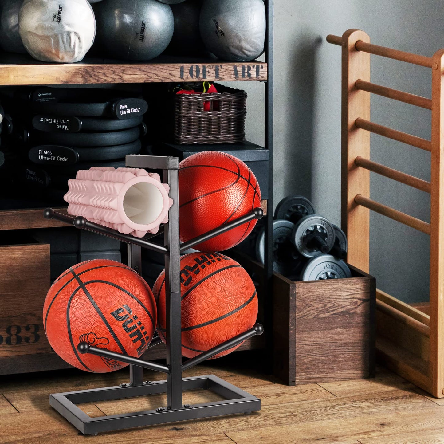 Fitlyiee Basketball Organizers Metal Ball Storage Rack Sports Storage for Indoor Outdoor (Small 2-Layer)