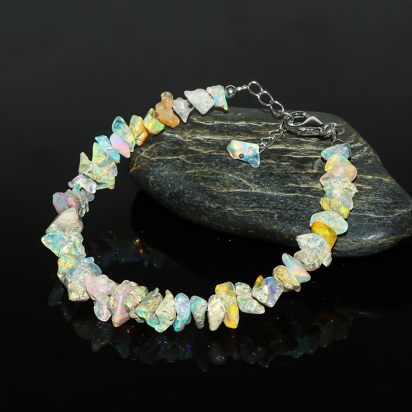 CRYSTALIS Ethiopian Opal Bracelet, Natural Raw Stones, Fire Play Rough Gemstones, Chakra Healing Crystals, Gift Giving Jewelry, Rhodium 925 Sterling Silver Women Bracelet 8 inch