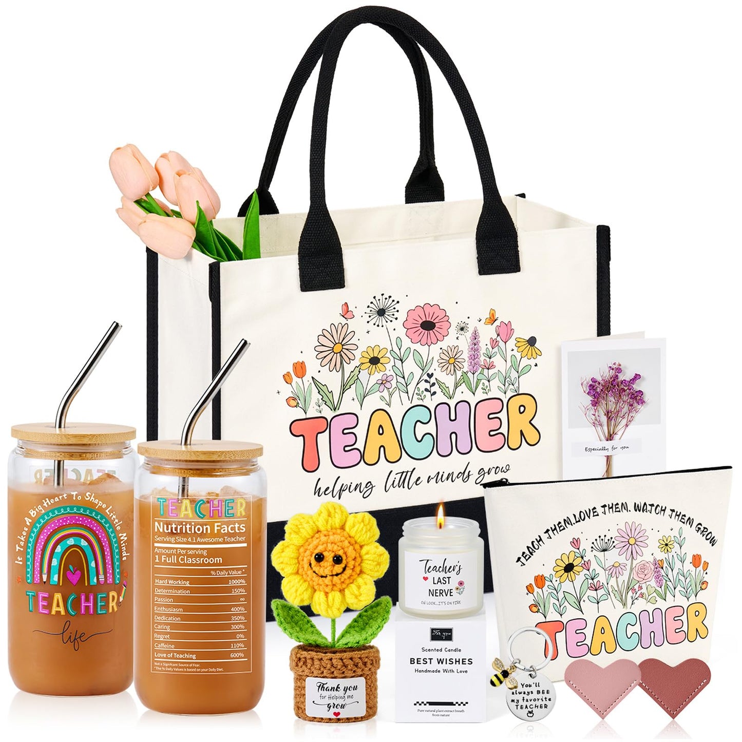 FINELOVE Teacher Appreciation Gifts for Women: 9 Pcs Teacher Gift Set with Large Functional Canvas Tote Bag & 16oz Glass Cup Thank You Gifts for Teacher Retirement, Back to School, Birthday, Christmas