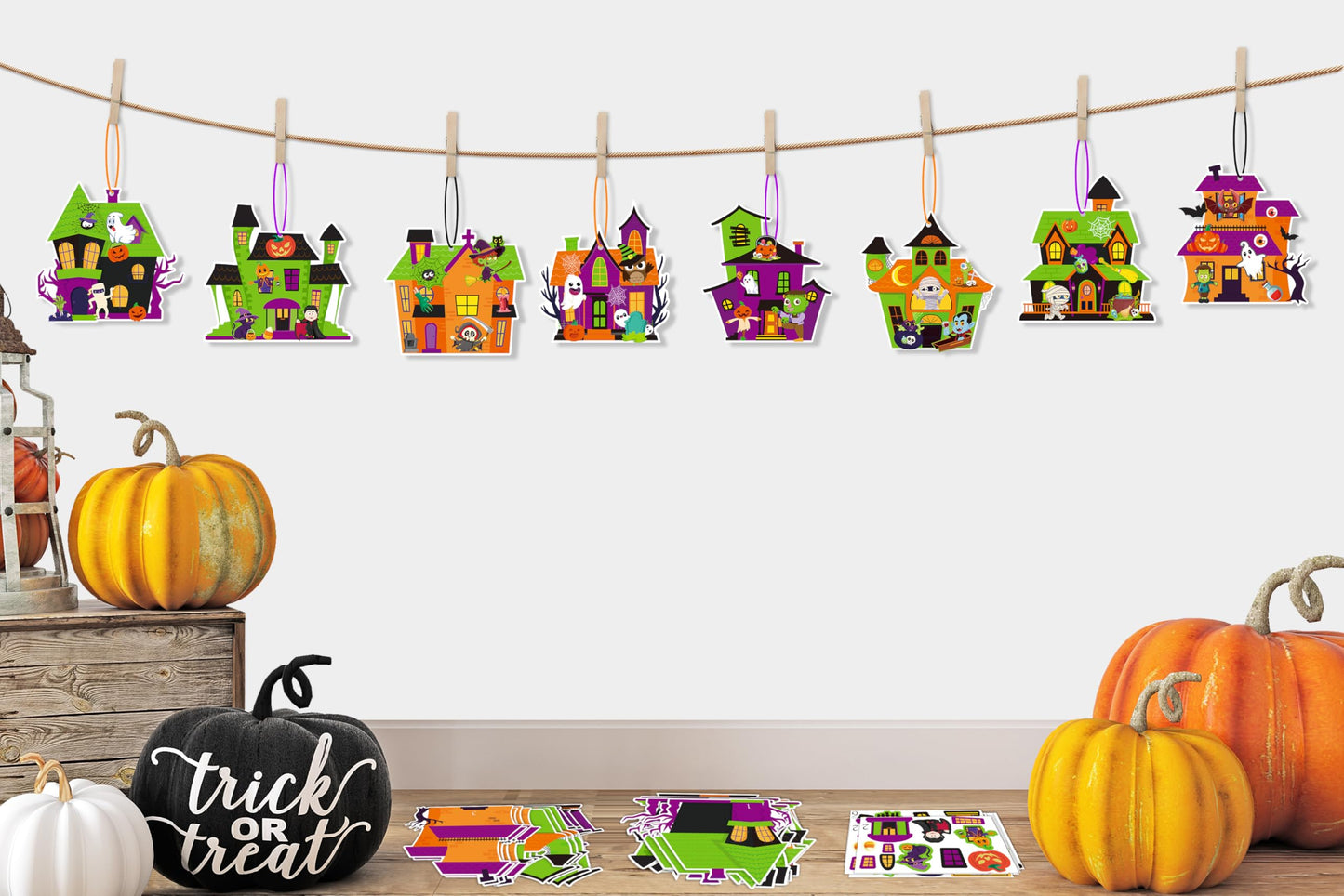 Moon Boat 60pcs Halloween Crafts for Kids – Haunted House DIY Kit, Make Your Own Scene with Pumpkins Stickers Bulk for Classroom Activities, Party Favors, Games