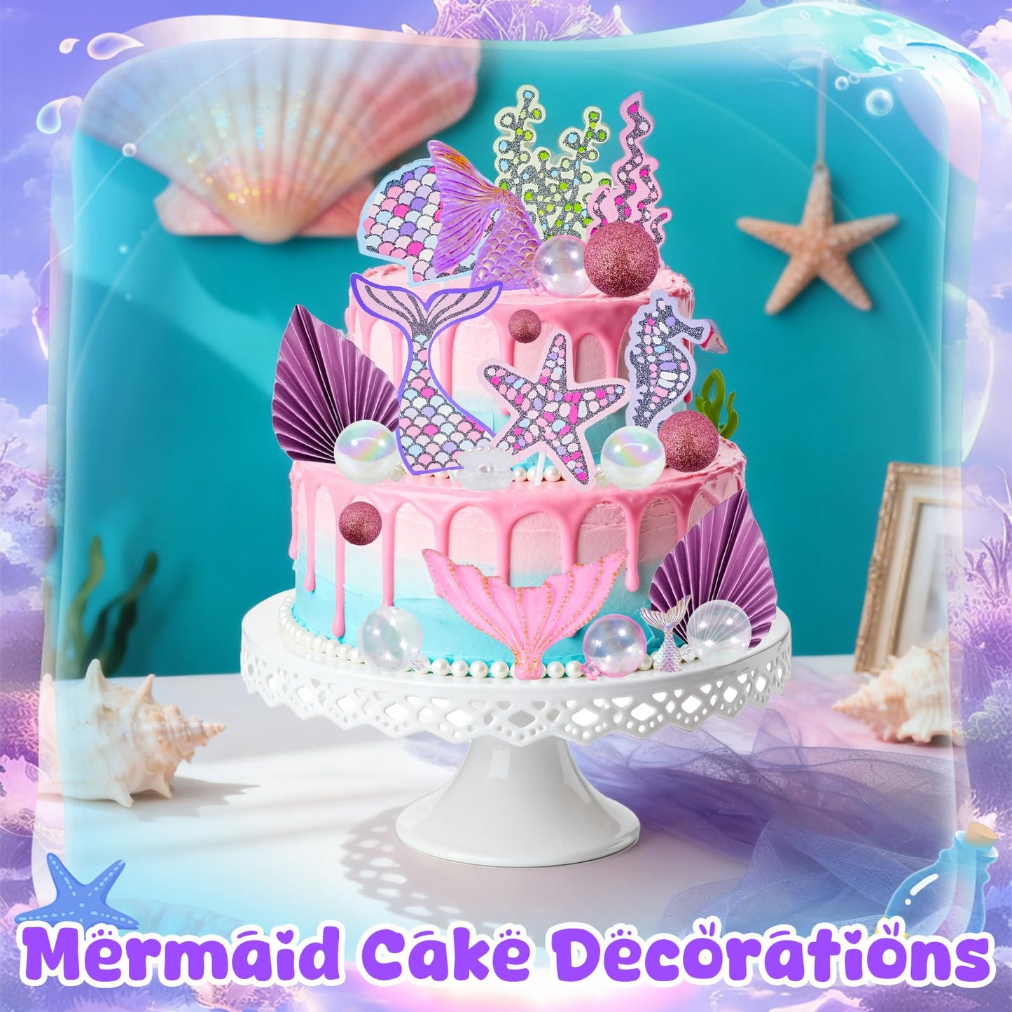 Wowagoga 22Pcs Mermaid Cake Topper Under the Sea Cake Decoration Shell Cake Birthday Decoration Mermaid Tail for Party Supplies