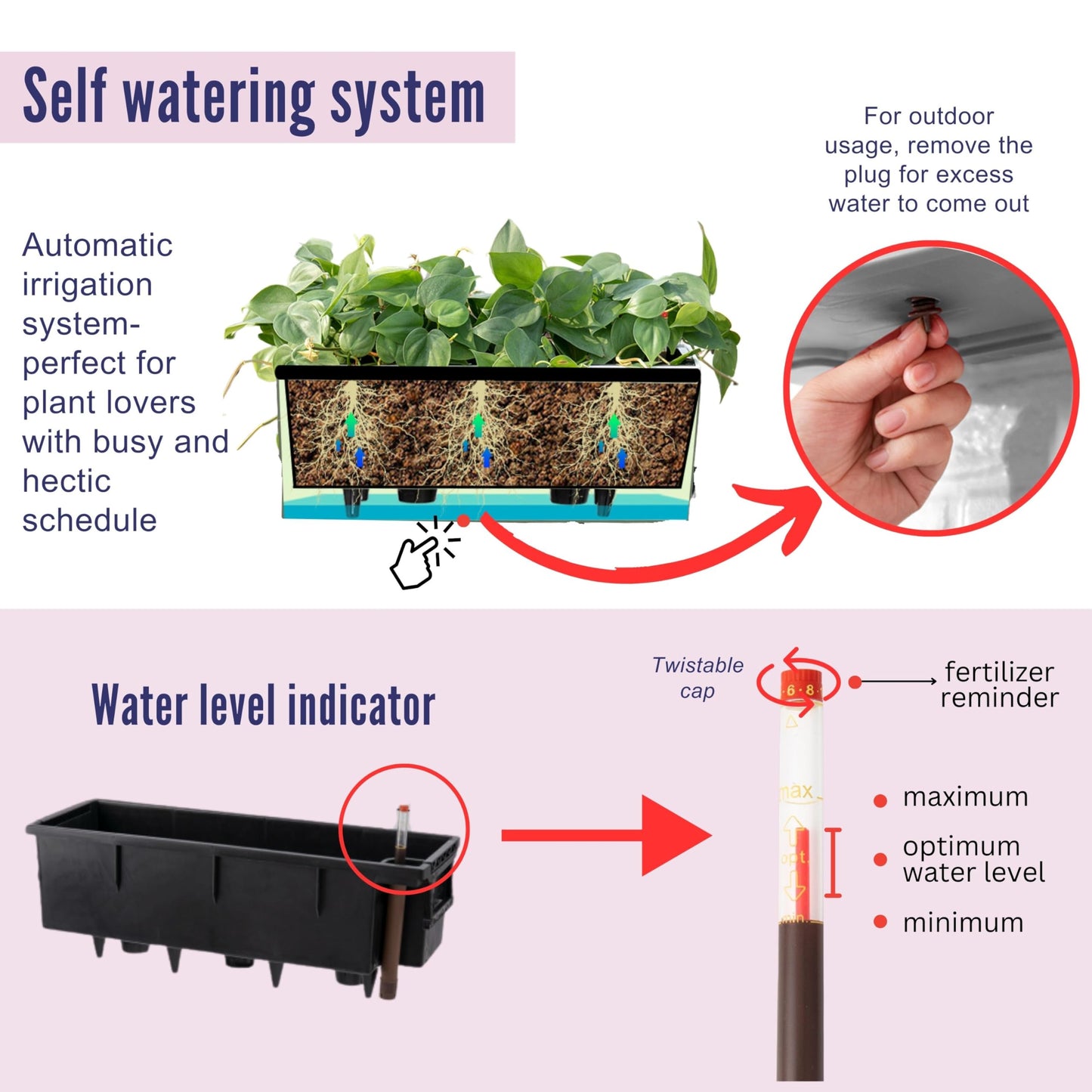 LaLaGreen Wall Planters for Indoor (2 Pack, 20 Inch) Black Self Watering Rectangular Window Planter Box Outdoor with Bracket Wall Mount Vertical Garden Balcony Herb Plant Holder Stylish Flower Pot